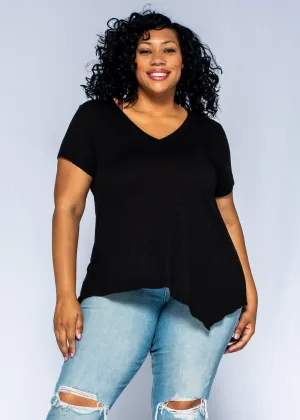 Relaxed Comfort Wear Short Sleeve Tunic Double Slant Hem V-Neck