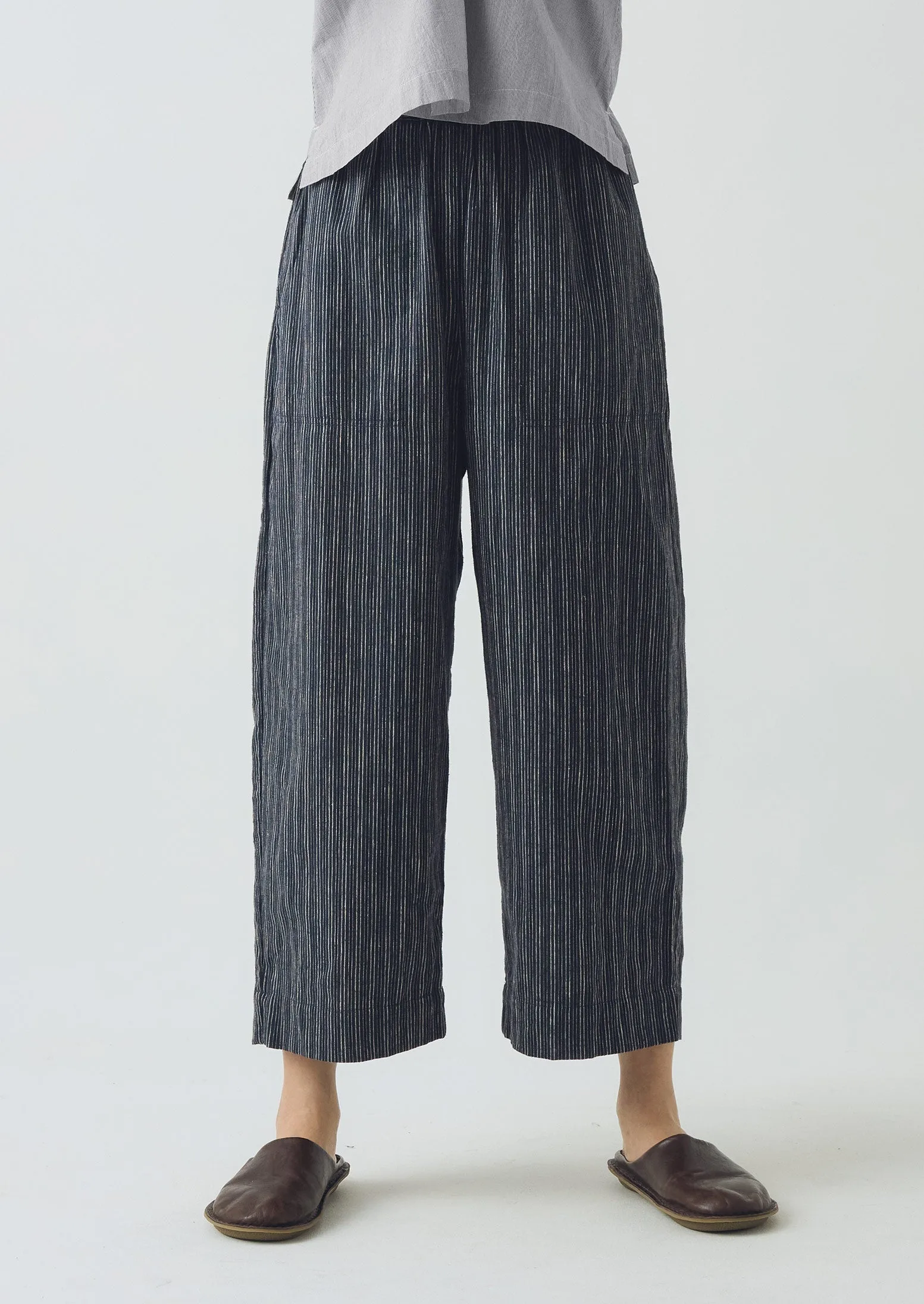 Stripe Linen Cotton Barrel Leg Pants | Shadow Blue/Black Sporty Comfort Wear Light Fit Wear