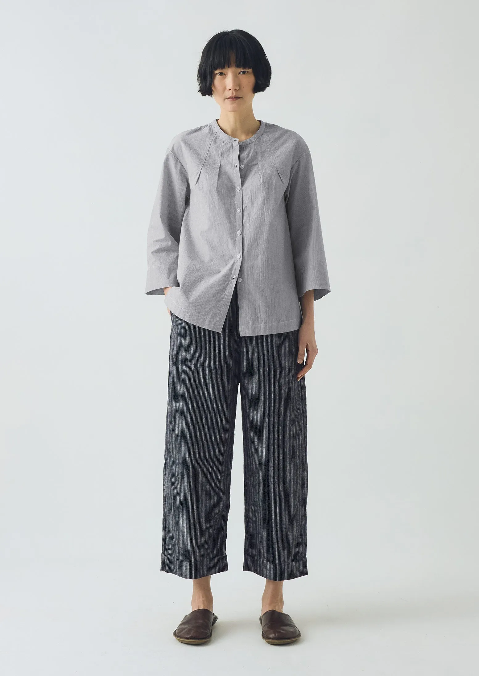 No Ride-Up Stripe Linen Cotton Barrel Leg Pants | Shadow Blue/Black