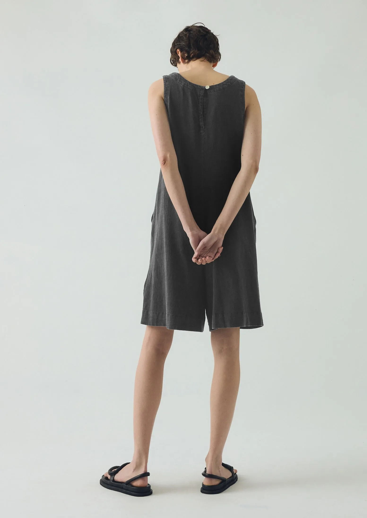 Flat Lock Stitching Layered Style Organic Cotton Jersey Short Jumpsuit | Washed Black