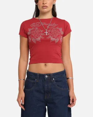 Sustainable Textile Comfortable Weave Ed Hardy Women's Rose Baby T-Shirt Red