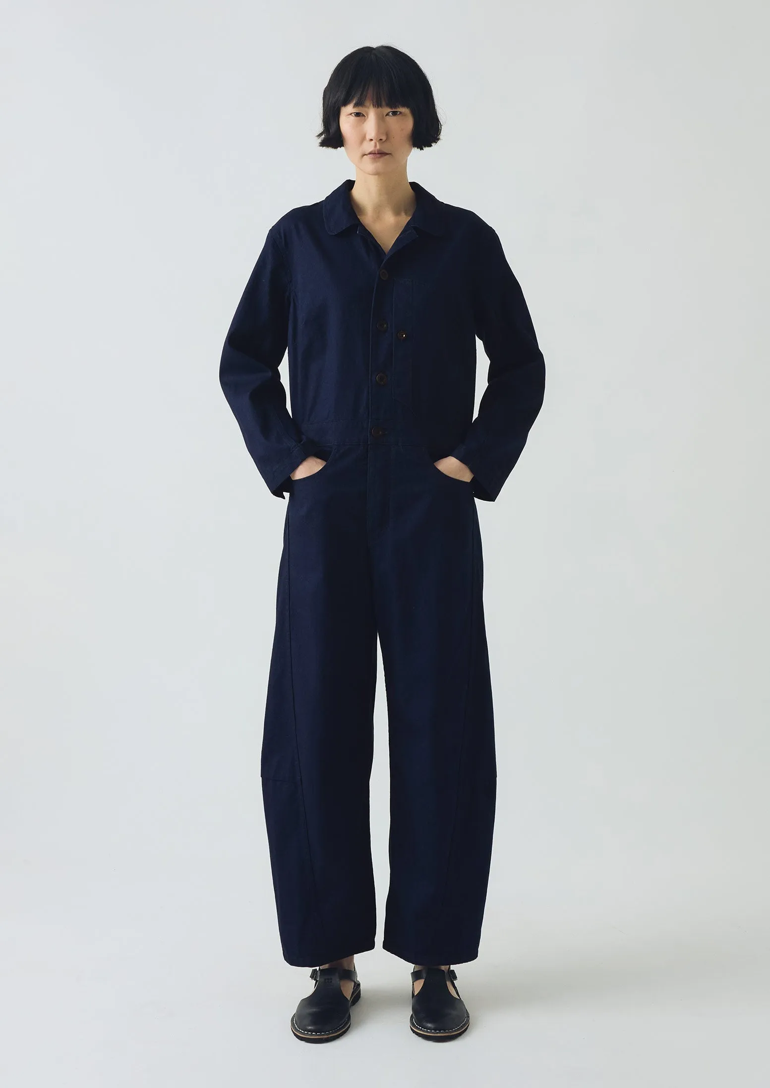 Half Placket Cotton Twill Jumpsuit | Indigo Softened Hem