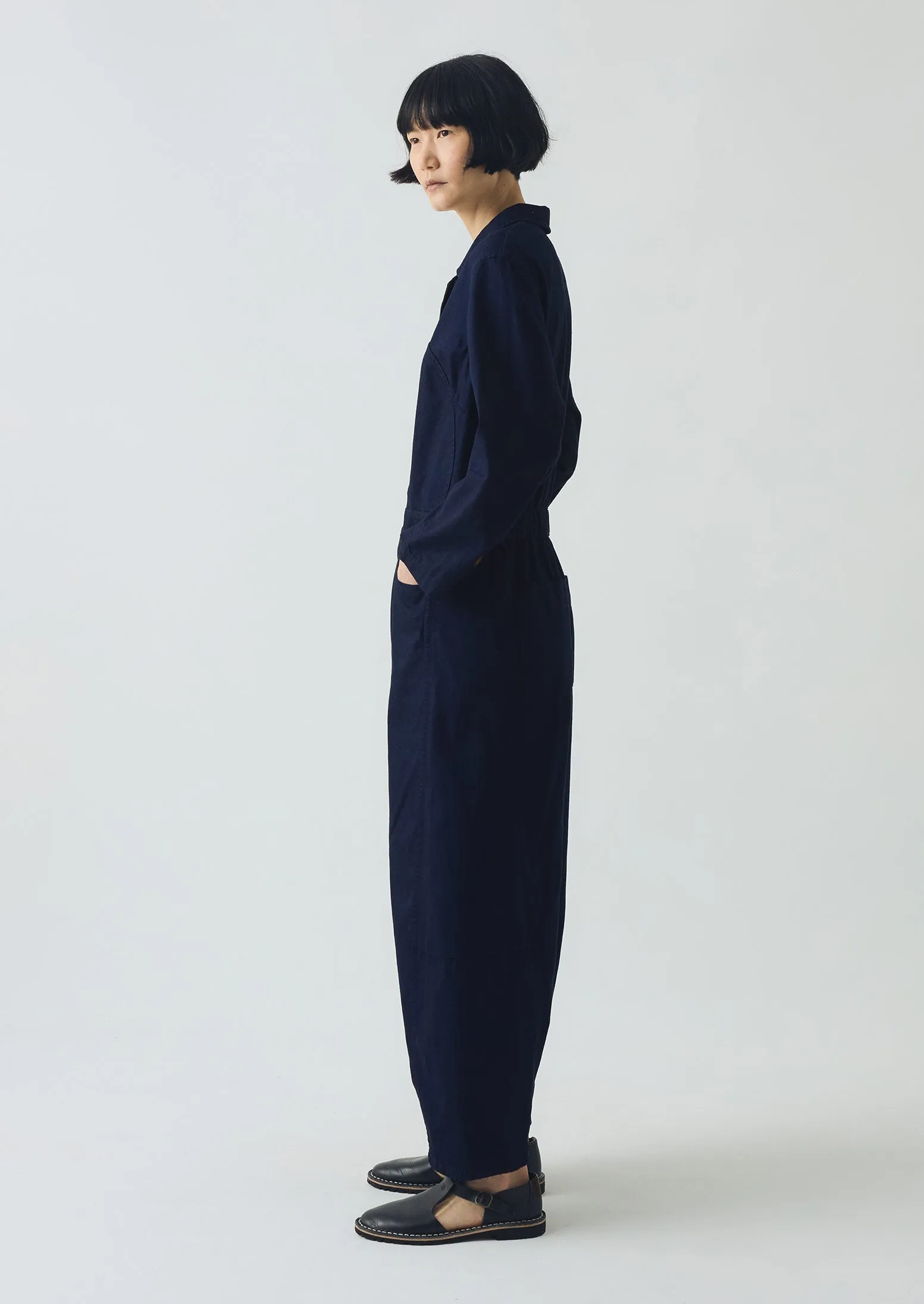 Flexible Fabric Half Placket Cotton Twill Jumpsuit | Indigo