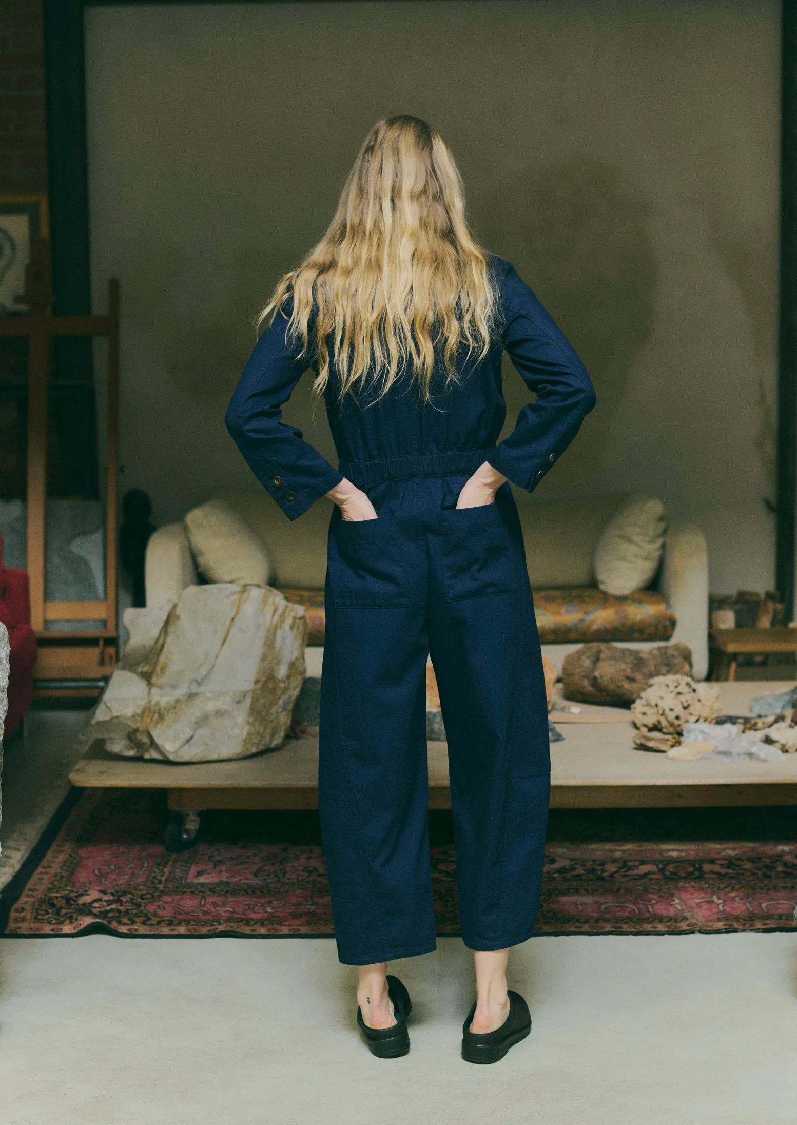 FlexibleKneePanels Sweat Resistant Half Placket Cotton Twill Jumpsuit | Indigo