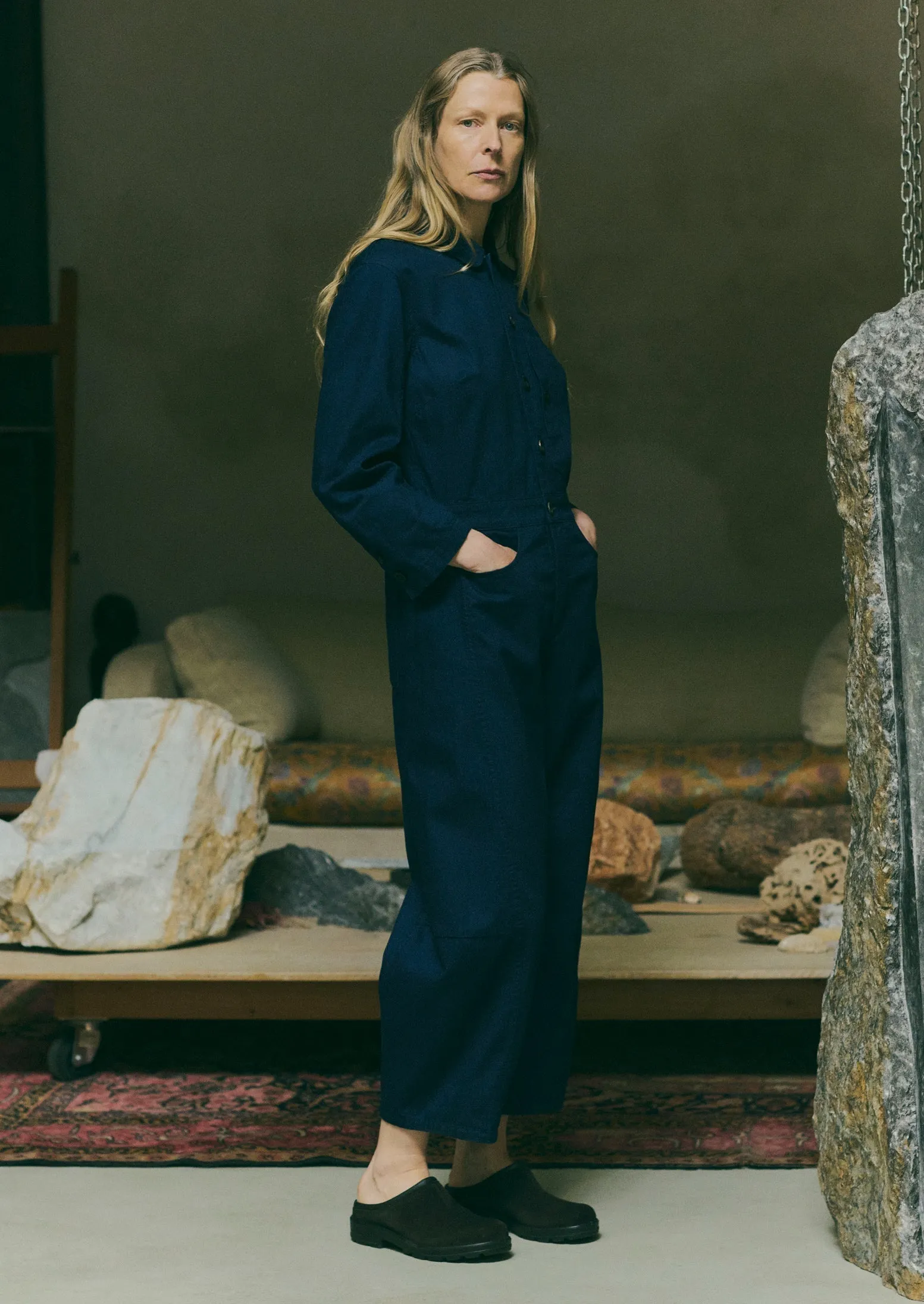 Half Placket Cotton Twill Jumpsuit | Indigo Layered Protection