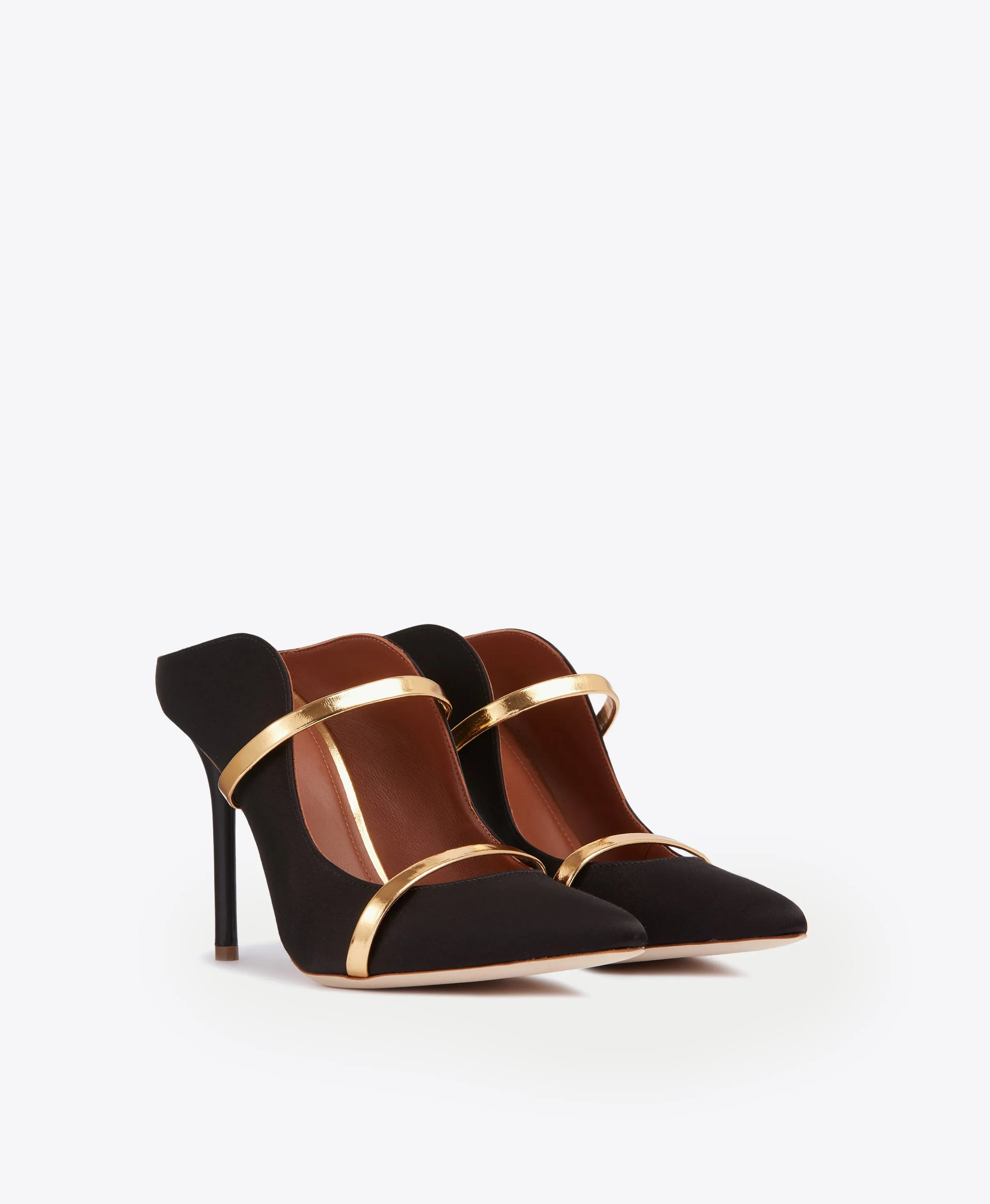Maureen 100 Black & Gold Satin Mules Ankle Strap Shoes Pointed Sandals