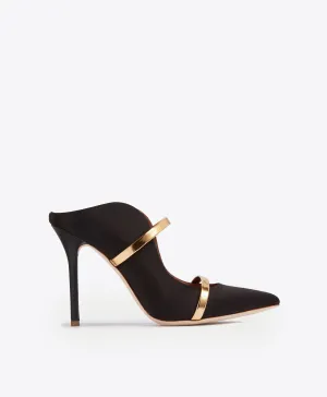 Maureen 100 Black & Gold Satin Mules Stable base Minimal Heels