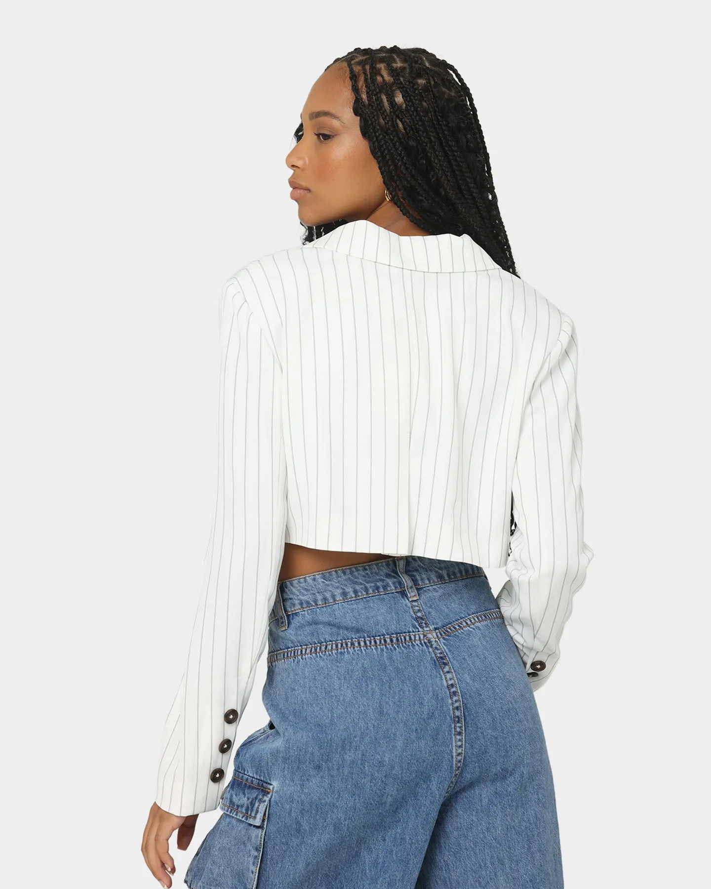 EN ES Women's Luna Cropped Blazer Pin Stripe White regular Cold Weather