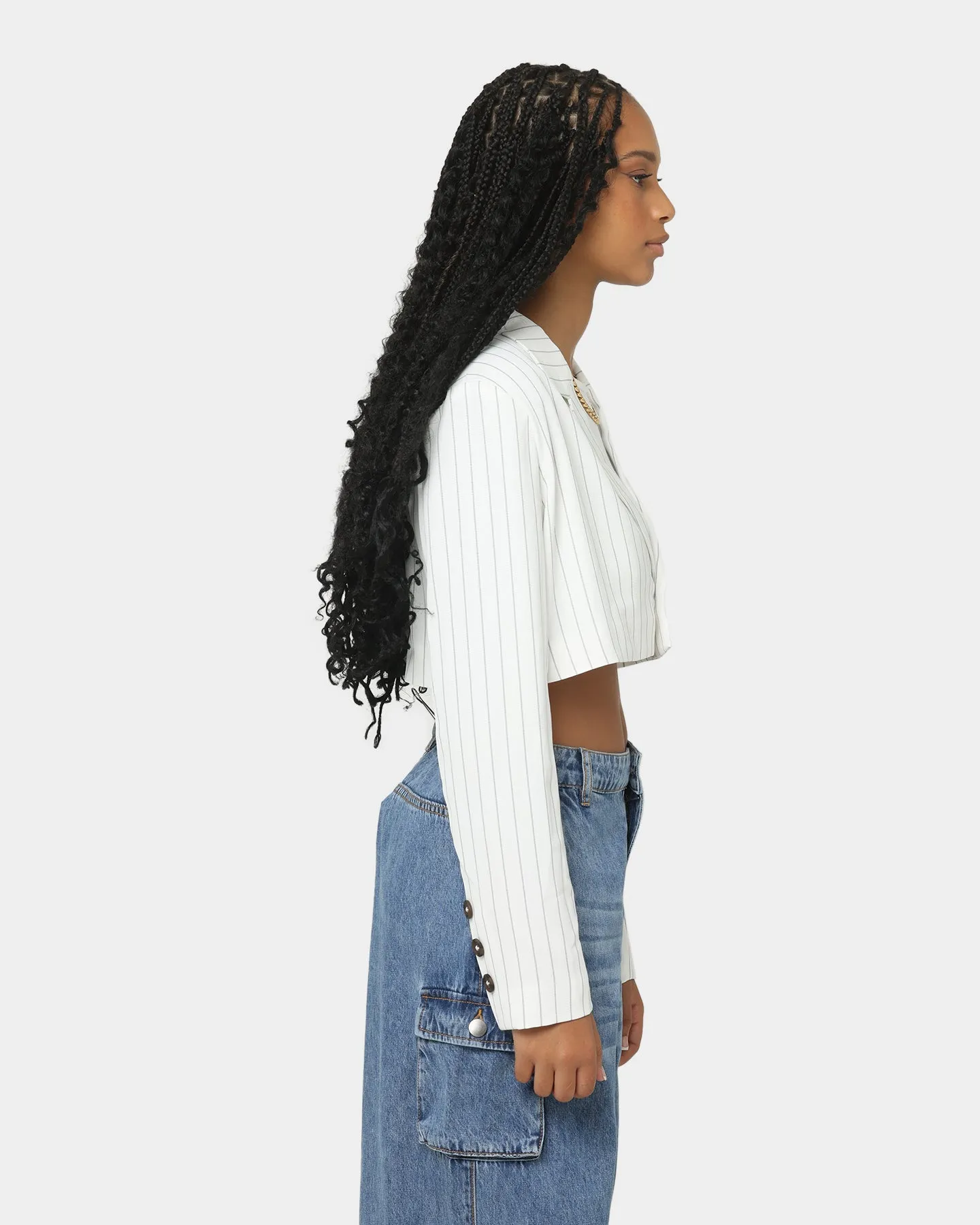 Lightweight insulation Sleek Finish EN ES Women's Luna Cropped Blazer Pin Stripe White