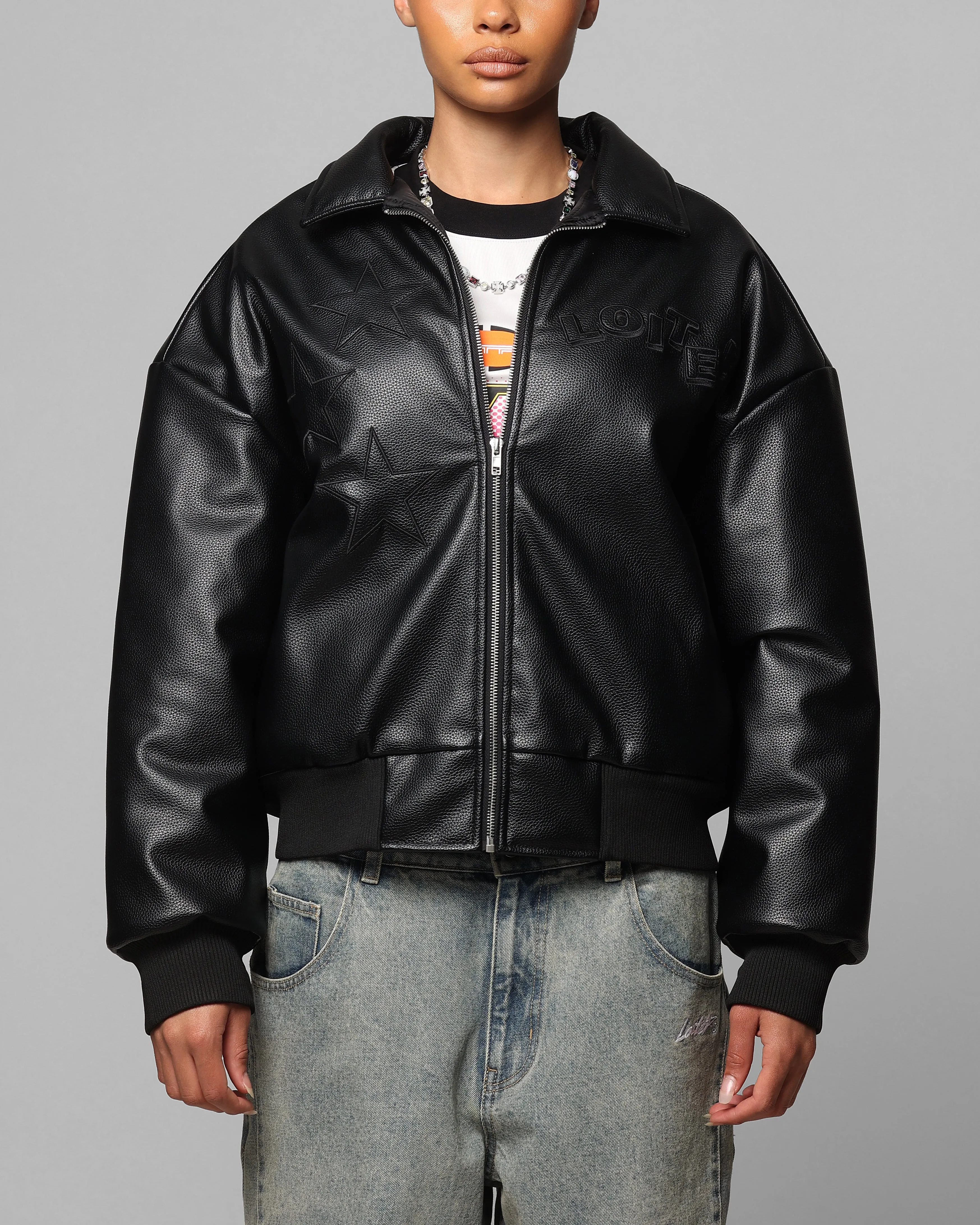 Patch Machine washable Loiter Solar Vegan Leather Varsity Jacket Black