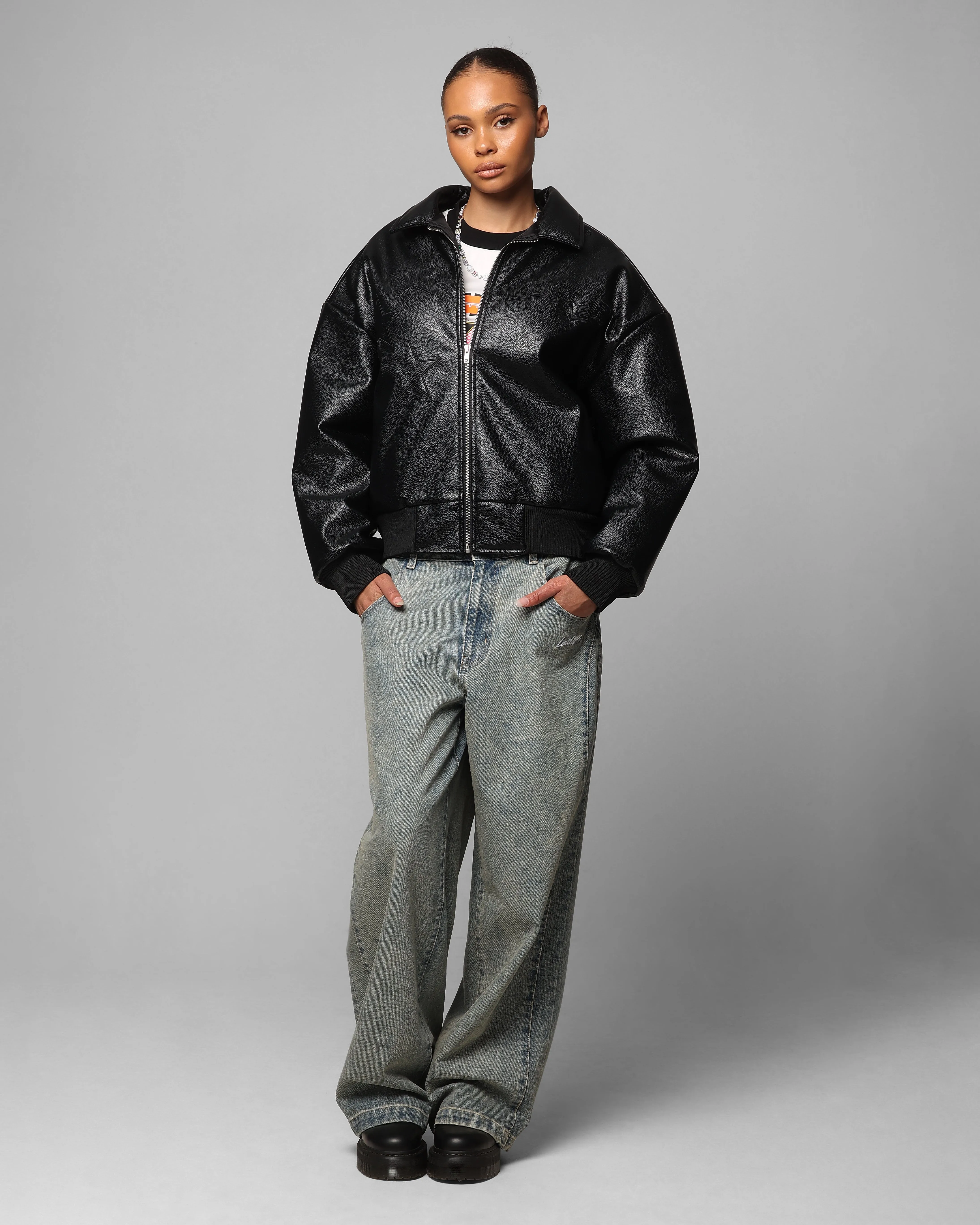 Envision Seamless Integration Loiter Solar Vegan Leather Varsity Jacket Black
