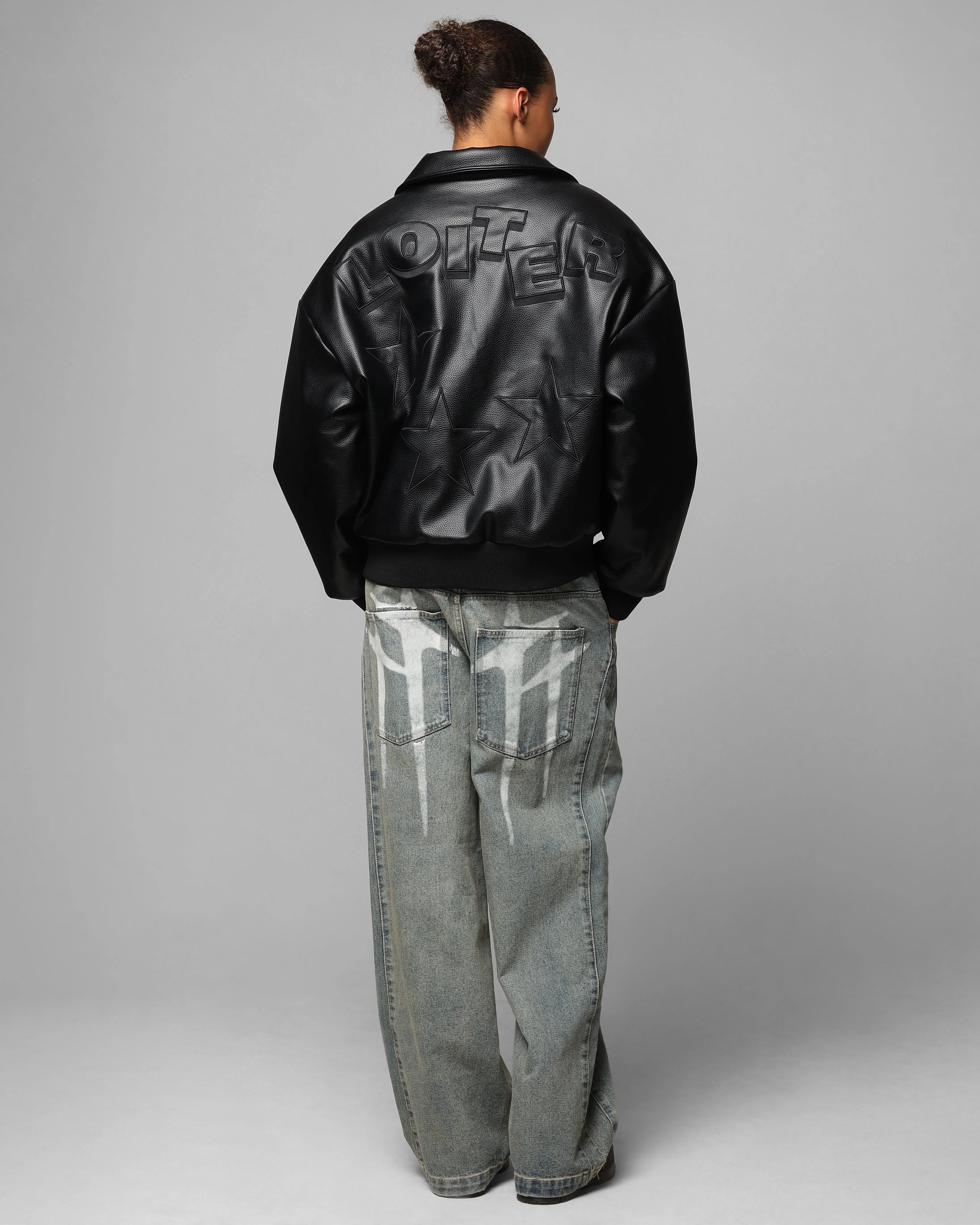 Light Function Loiter Solar Vegan Leather Varsity Jacket Black