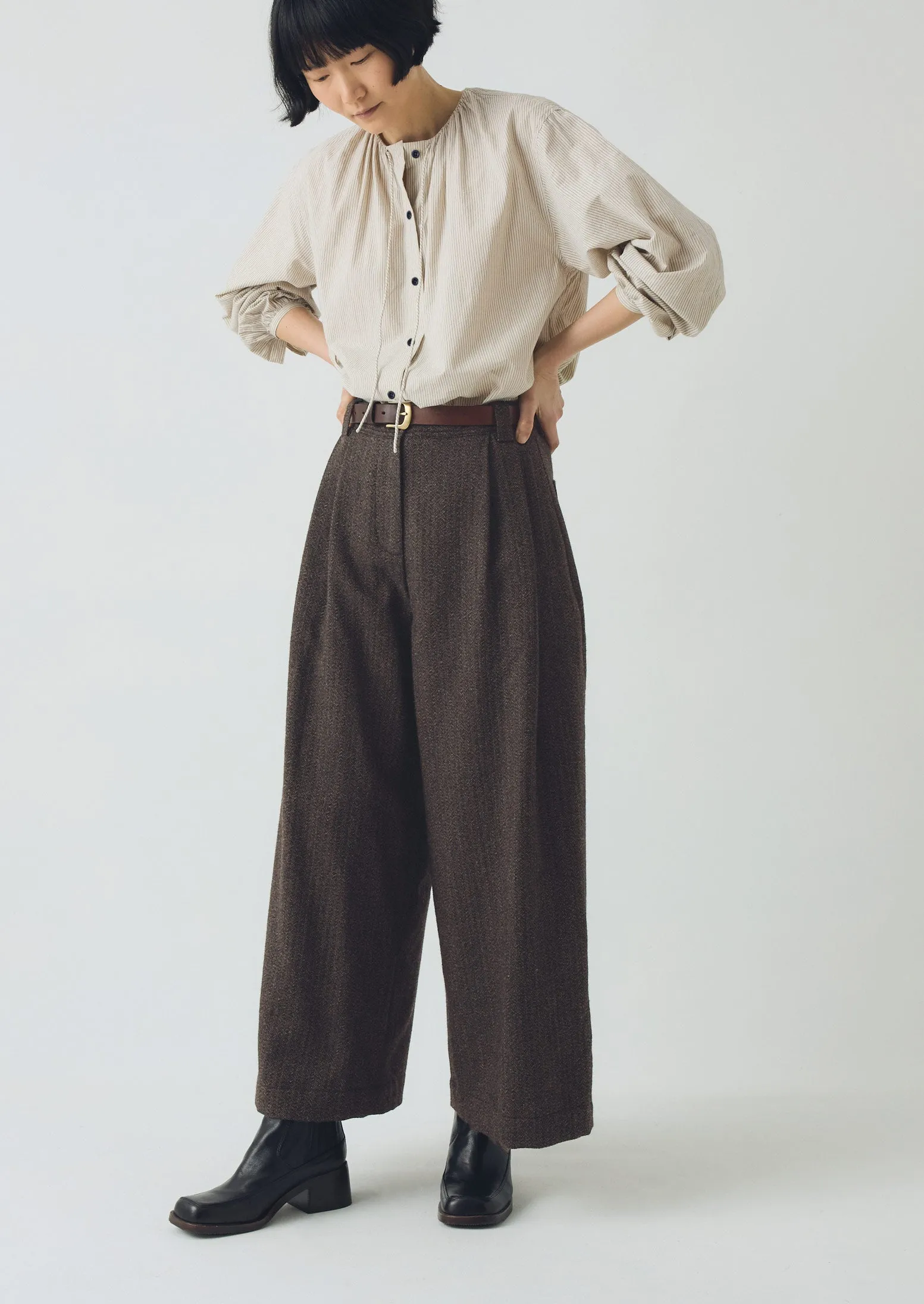 Wool Broken Herringbone Pleat Front Pants | Charcoal Mouline EcoFriendlyMaterials Modern Edge