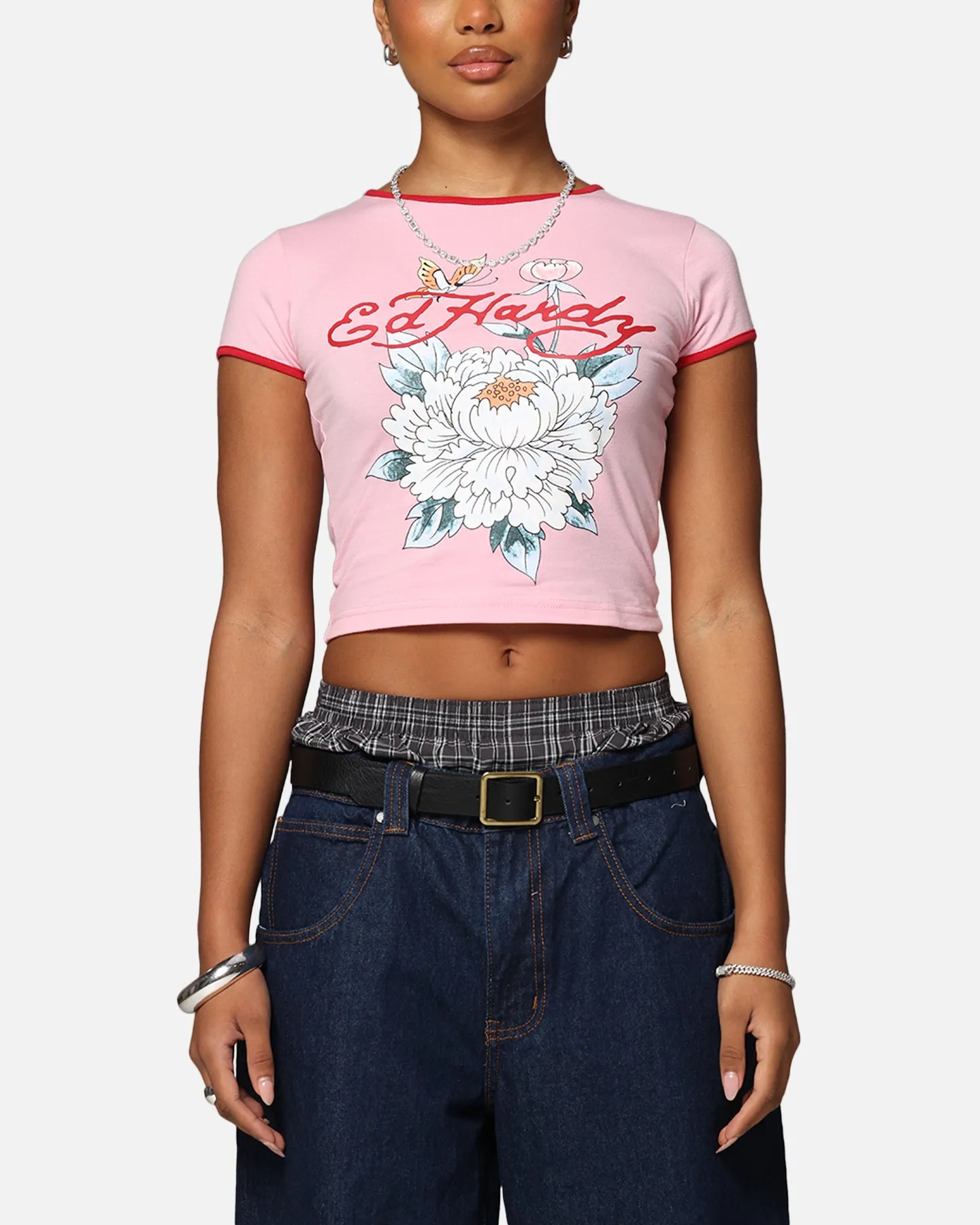 Weekend Trend Fresh Outfit Ed Hardy Women's Blooming Baby Ringer T-Shirt Pink/Red