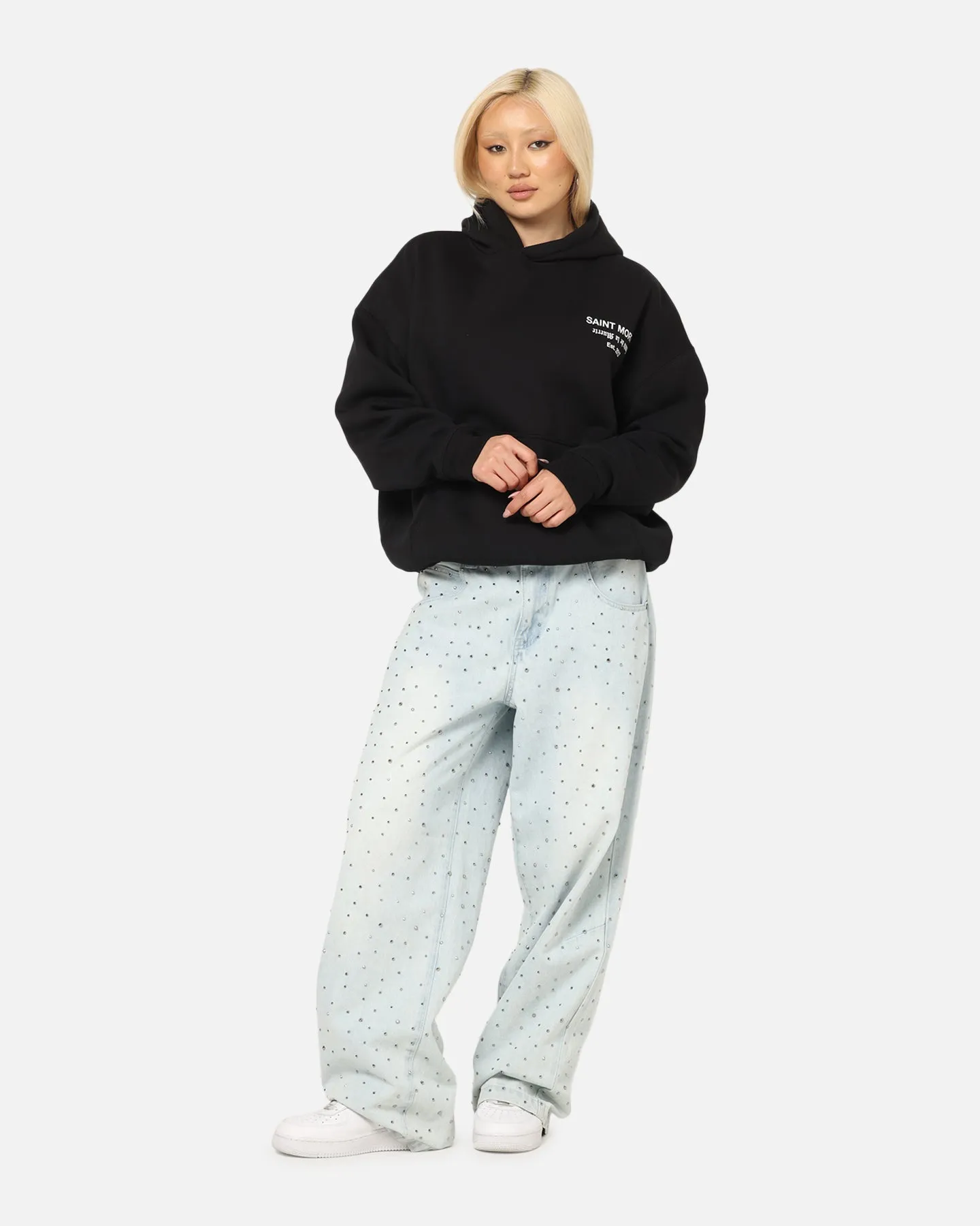 Glossy Look Date night Saint Morta Muerte Boxy Hoodie Black