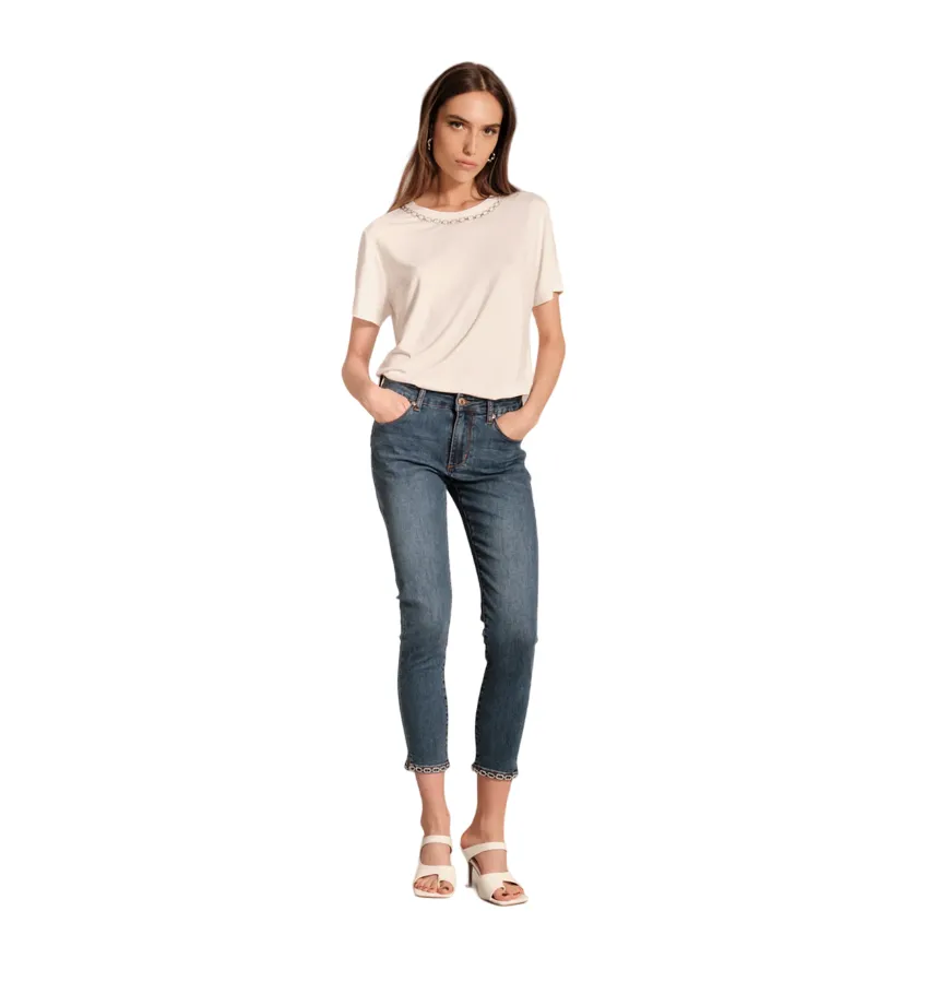 Griffai pantalone jeans da donna con spacchetti e catena alla caviglia DGP4757  blu medio Spring Mood Party Look Classic