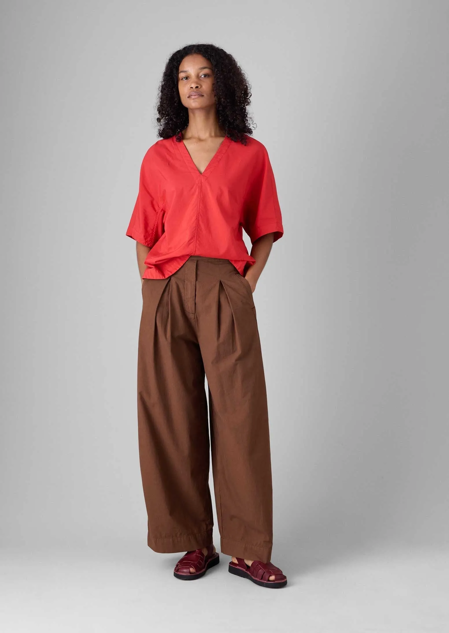 Multi-Purpose Wear LowProfileWaistband Belted Cotton Linen Poplin Wide Leg Pants | Brown Ochre