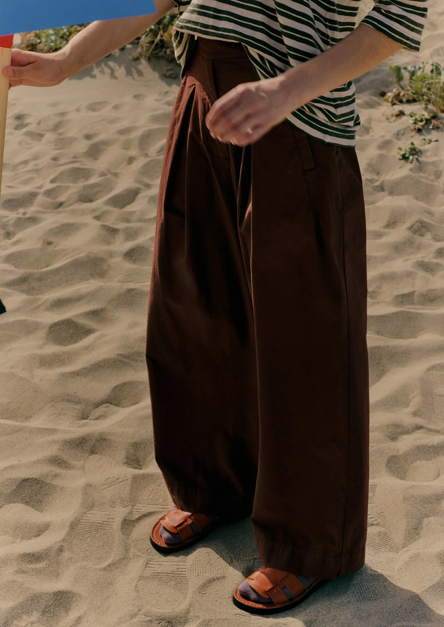 Belted Cotton Linen Poplin Wide Leg Pants | Brown Ochre All Day Wear Light Stretch