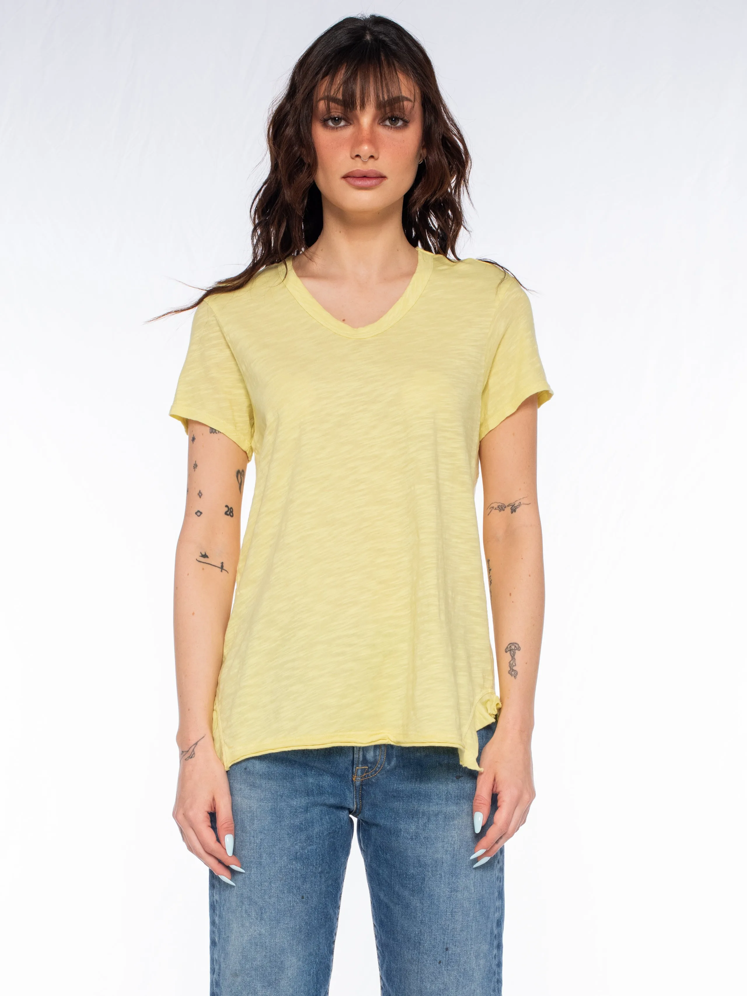 Shrunken Scoopy Neck Ruffled Slits Classic Crew Neck
