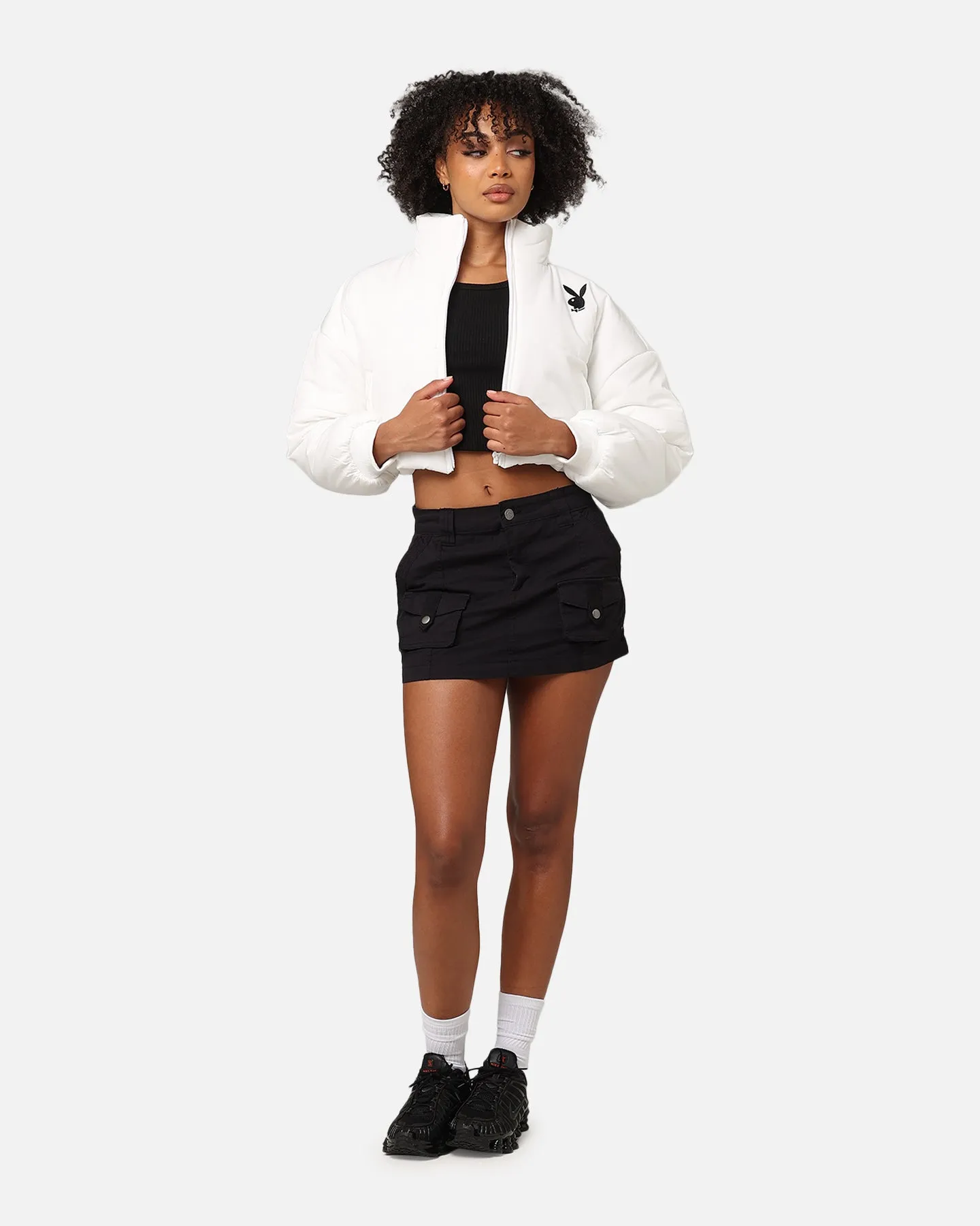 Playboy Bunny O Cropped Puffer Jacket White Laser Cut Perforations Clue