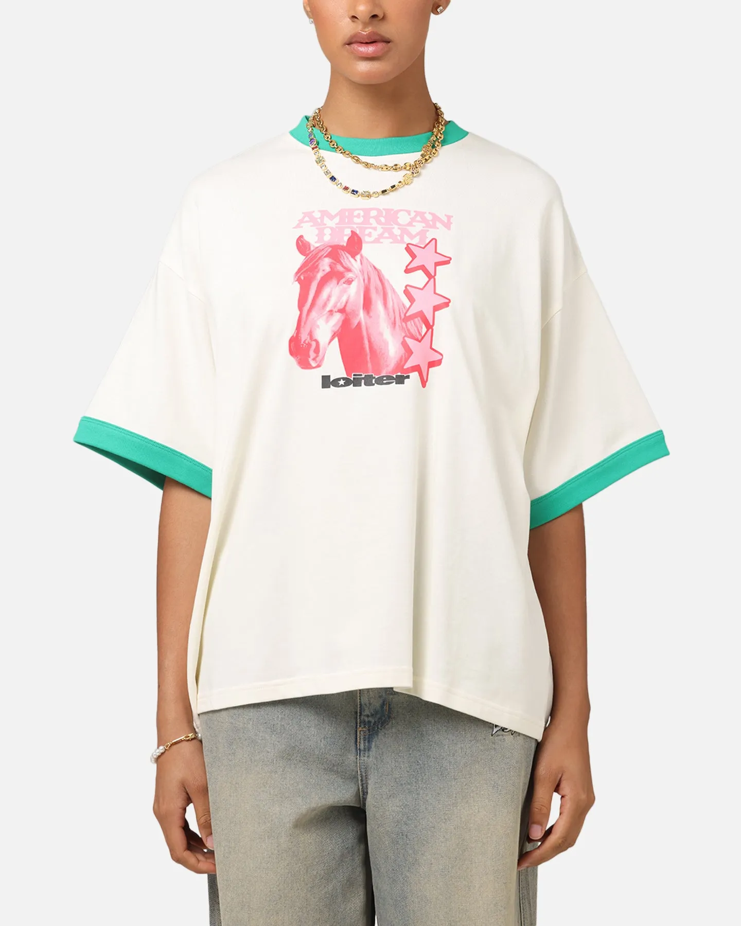 Loiter Western Front Ringer T-Shirt White/Green Comfortable fit Light Wear