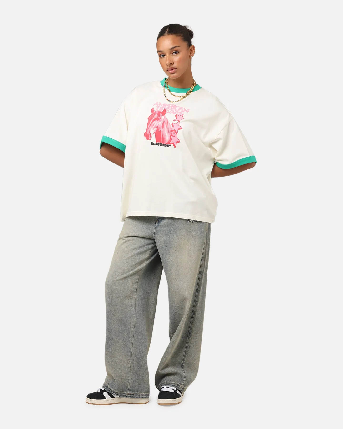 Comfy Essentials Wear Loiter Western Front Ringer T-Shirt White/Green