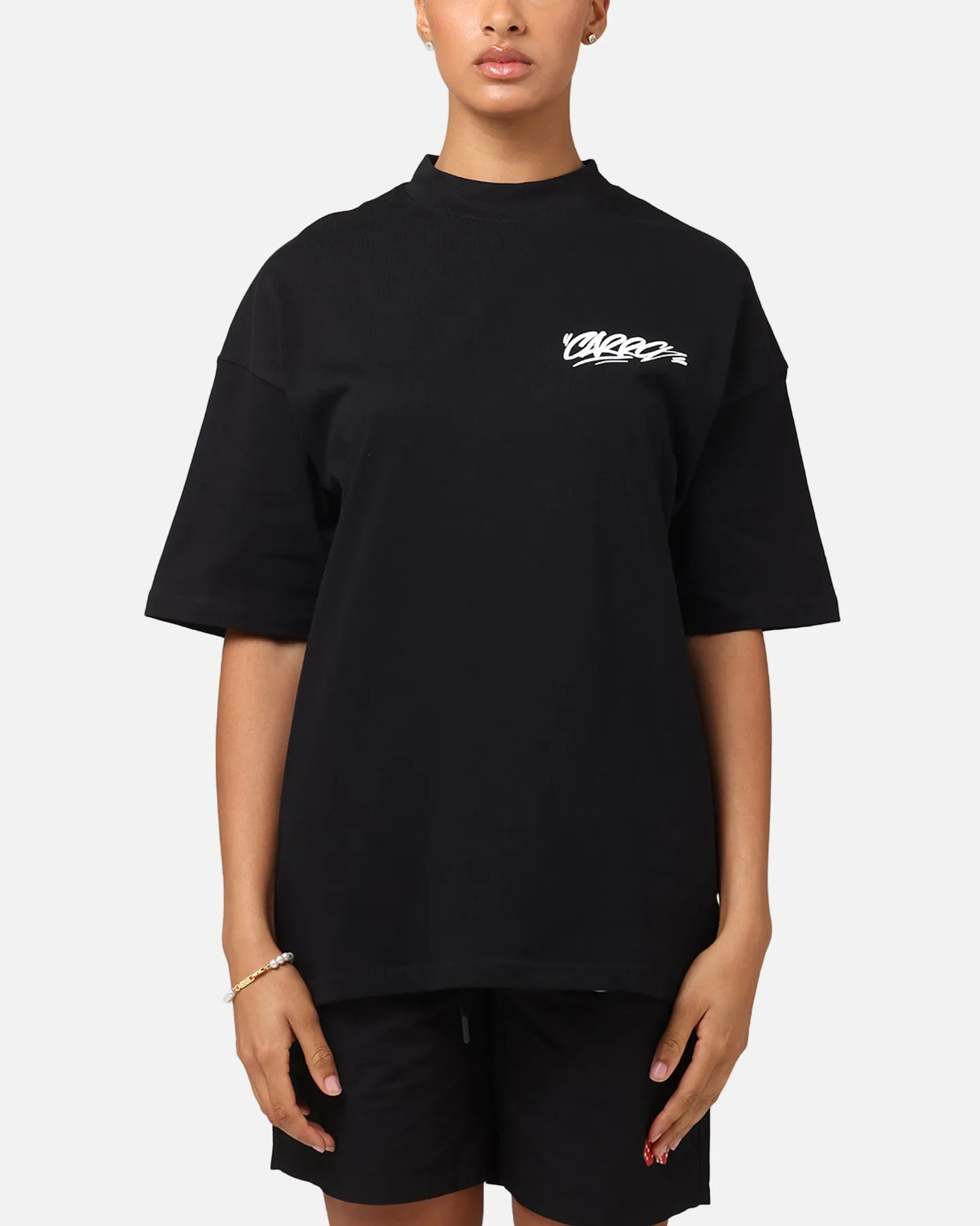 Ribbed Collar Design Carre Tag Mock Neck T-Shirt Black
