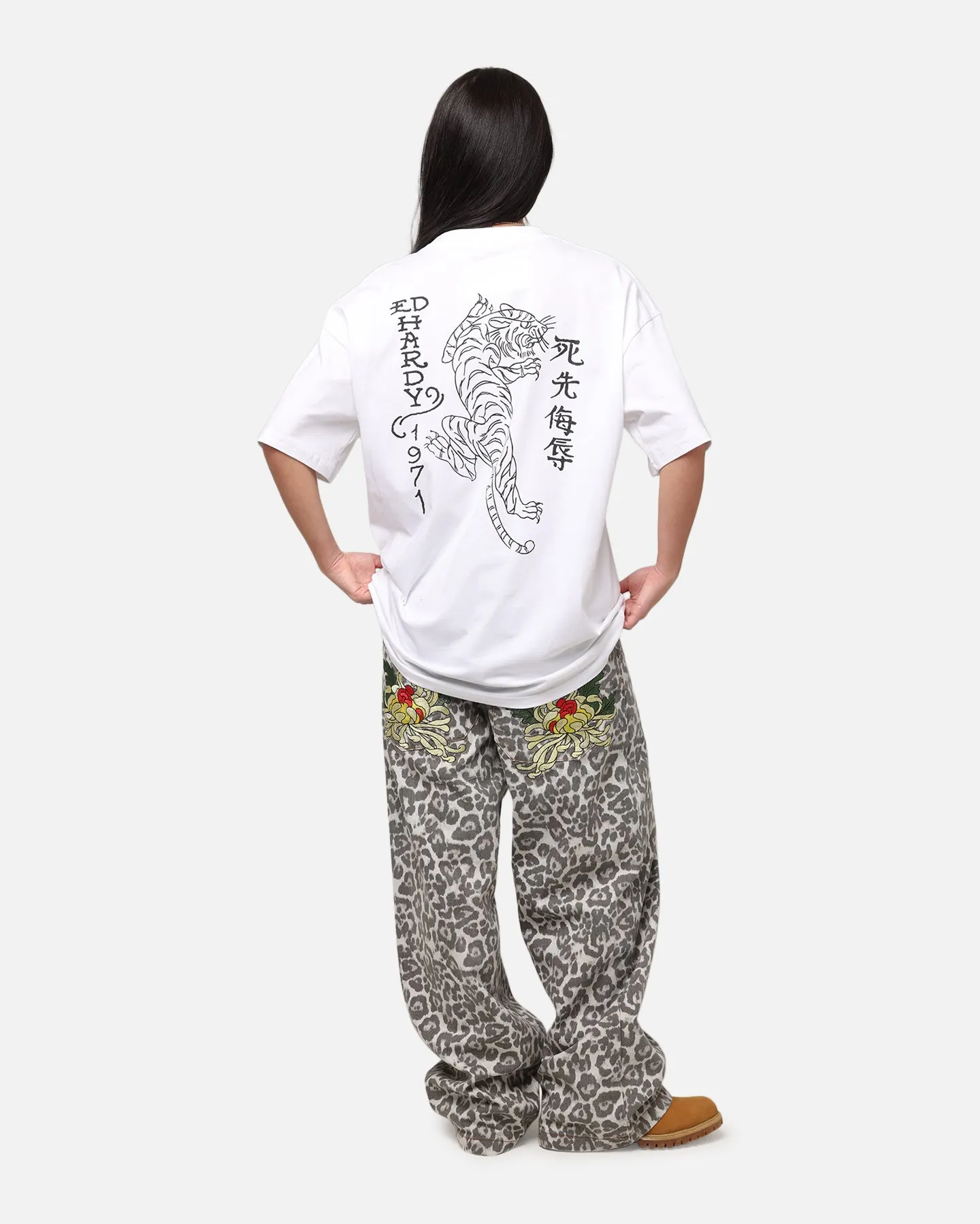 Ed Hardy Tiger Stamp T-Shirt White LowImpactDye Floral Pattern