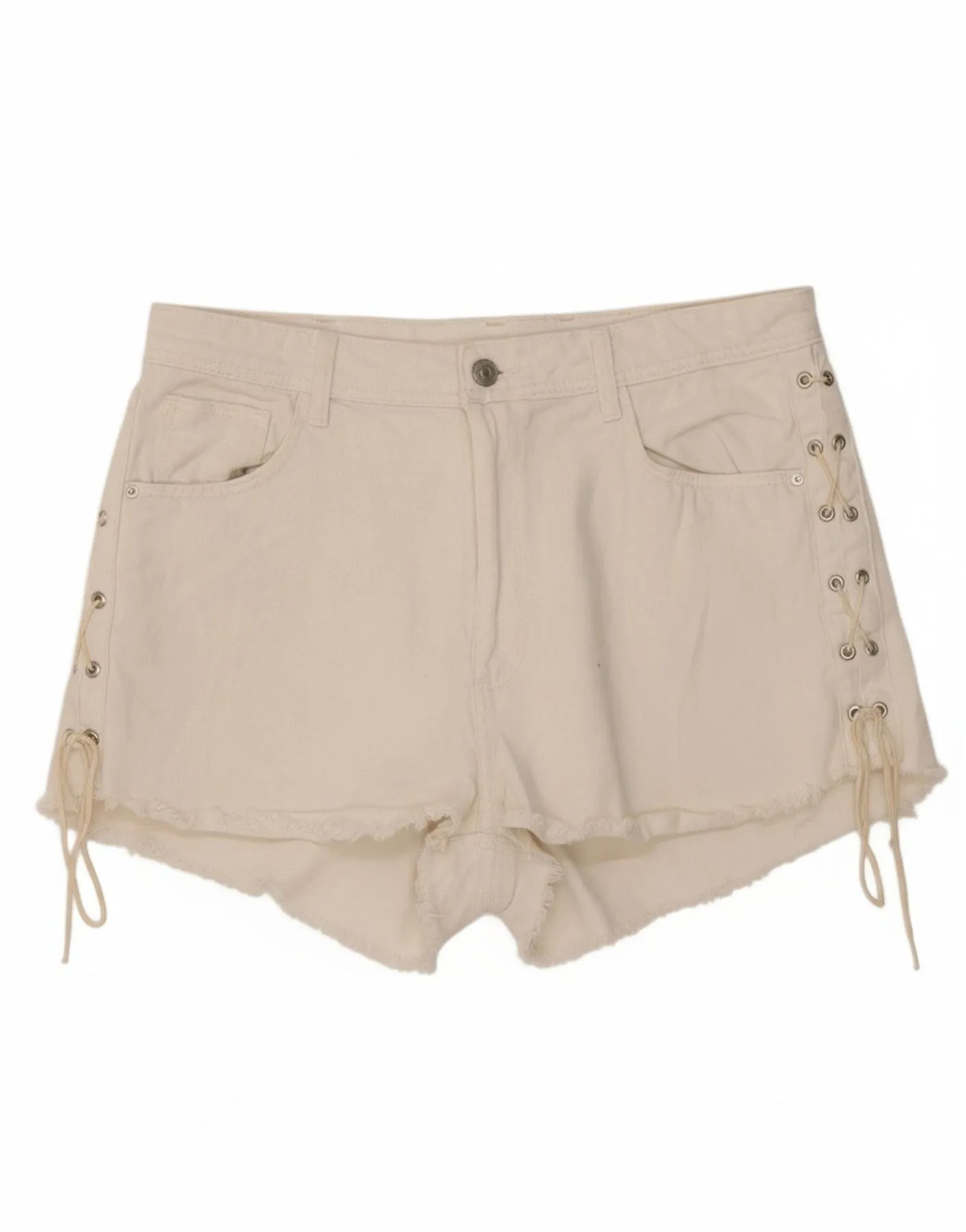 Mid Rise ZARA Womens High Waist Denim Hot Pants EU 42 Large W32 Off White