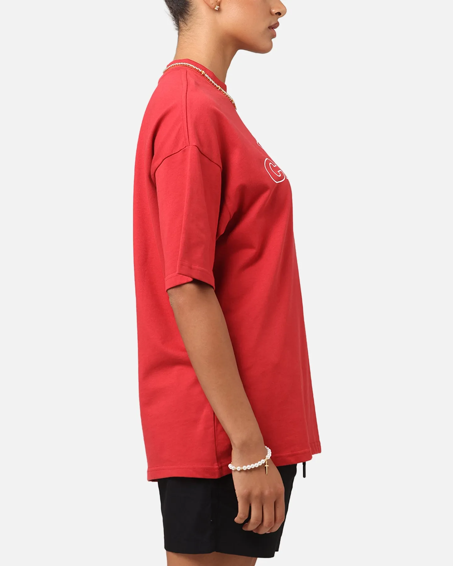 Adult sophistication Garment Washed Texture Carre Rosebud Mock Neck T-Shirt Red