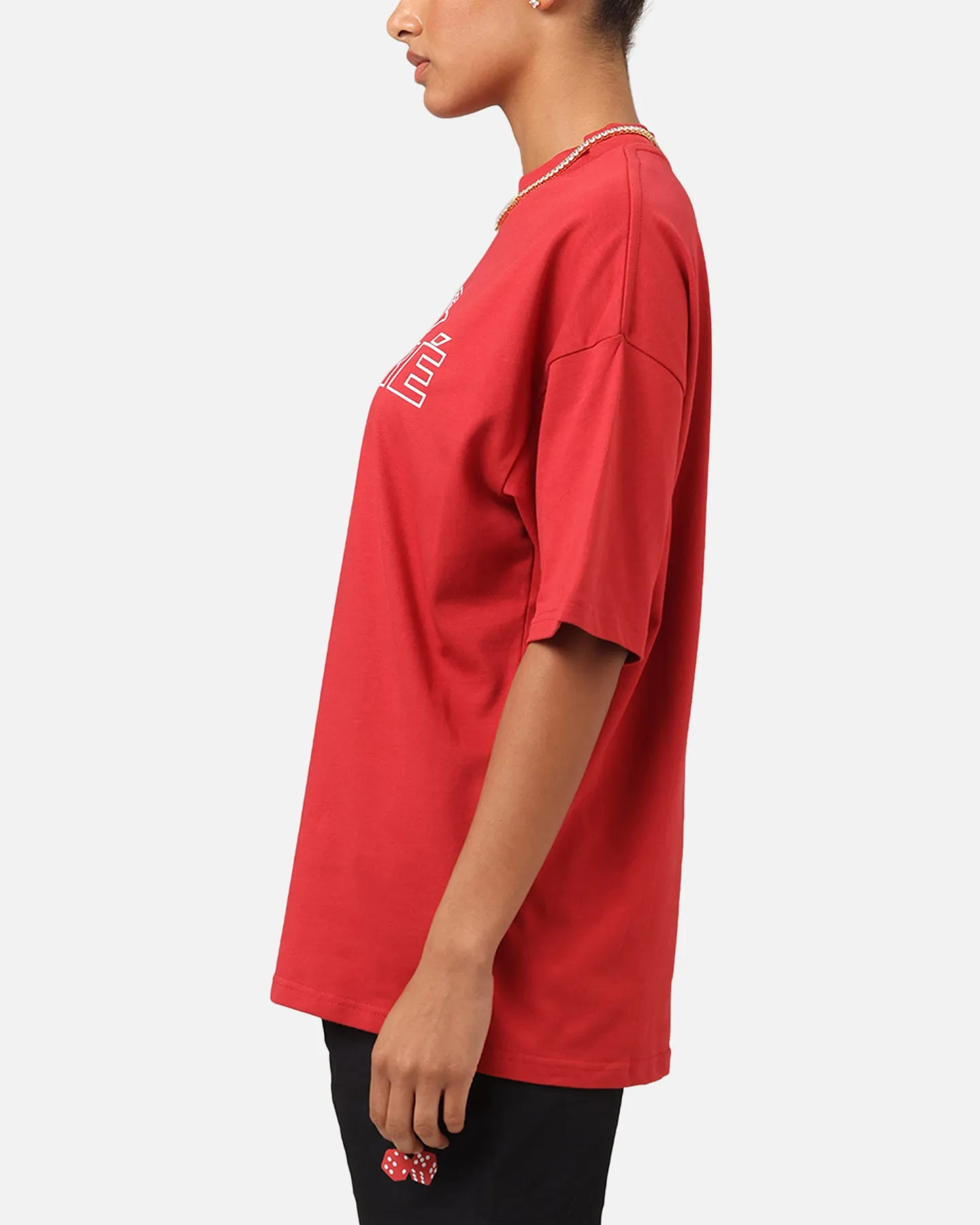 Soft And Comfortable Garment Dyed Technique Carre Rosebud Mock Neck T-Shirt Red
