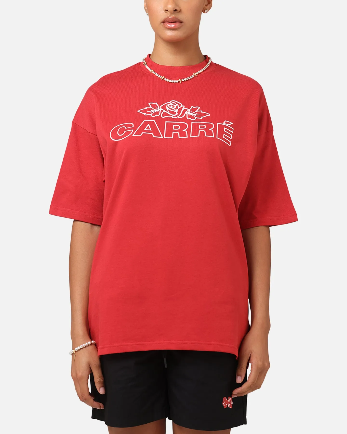 coordinate with other items Stretchable Collar Band Carre Rosebud Mock Neck T-Shirt Red