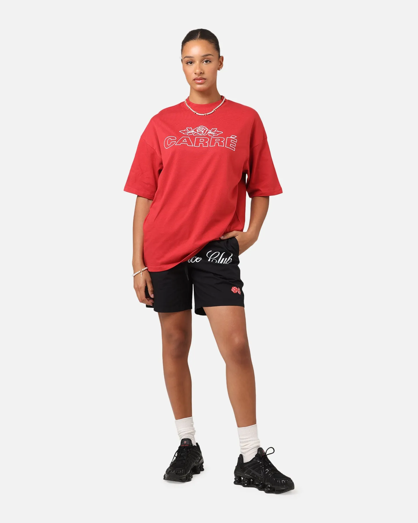 Lightweight Look Carre Rosebud Mock Neck T-Shirt Red