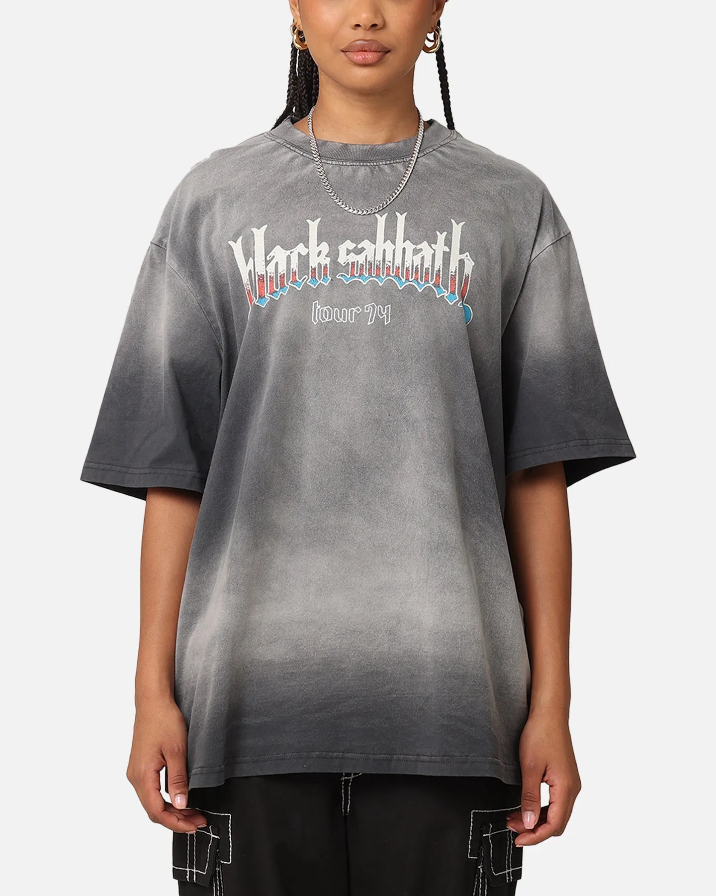 Chill Style Geometric Print Black Sabbath Tour '74 Sunfade T-Shirt Black Wash