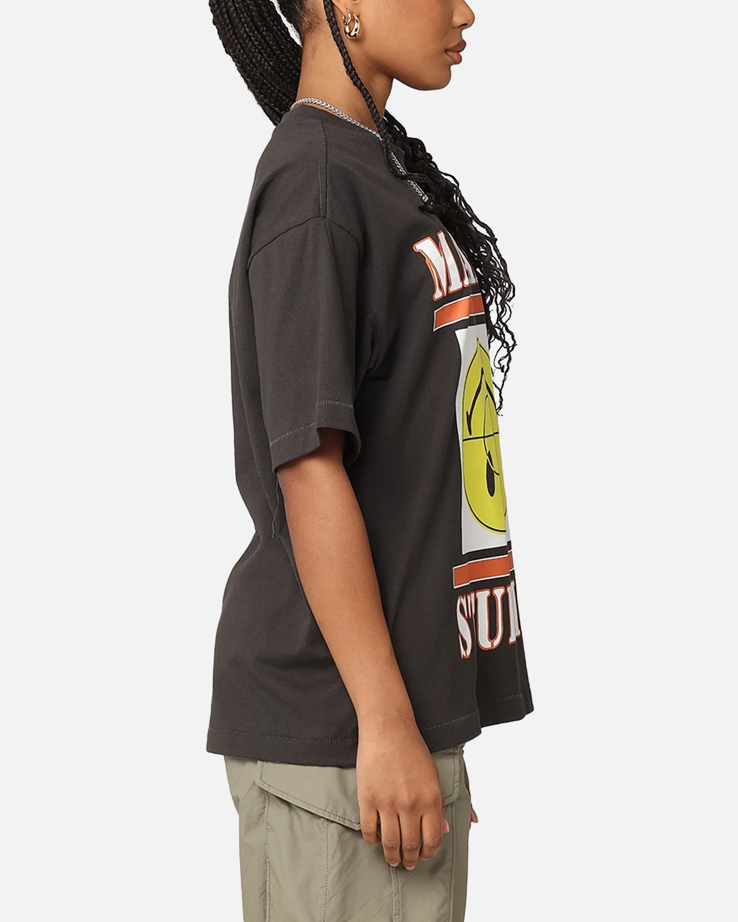 Layered Shoulder Design All-Season Comfort Wear Market X Smiley Focus T-Shirt Washed Black