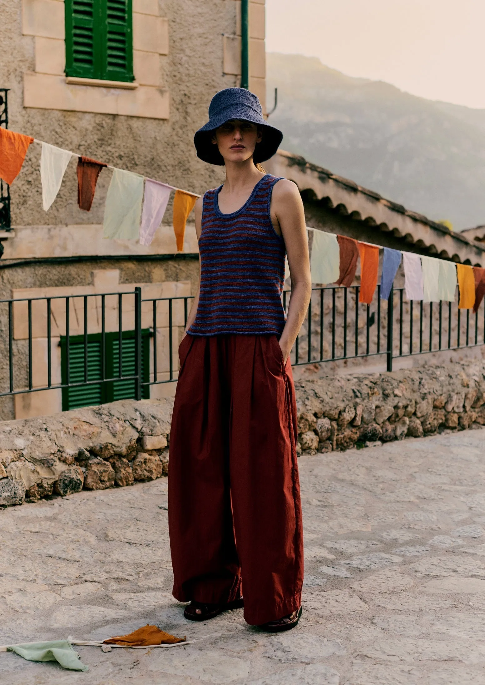 Pleated Cotton Poplin Pull On Pants | Brick ReinforcedBeltLoops Perfectly Fit