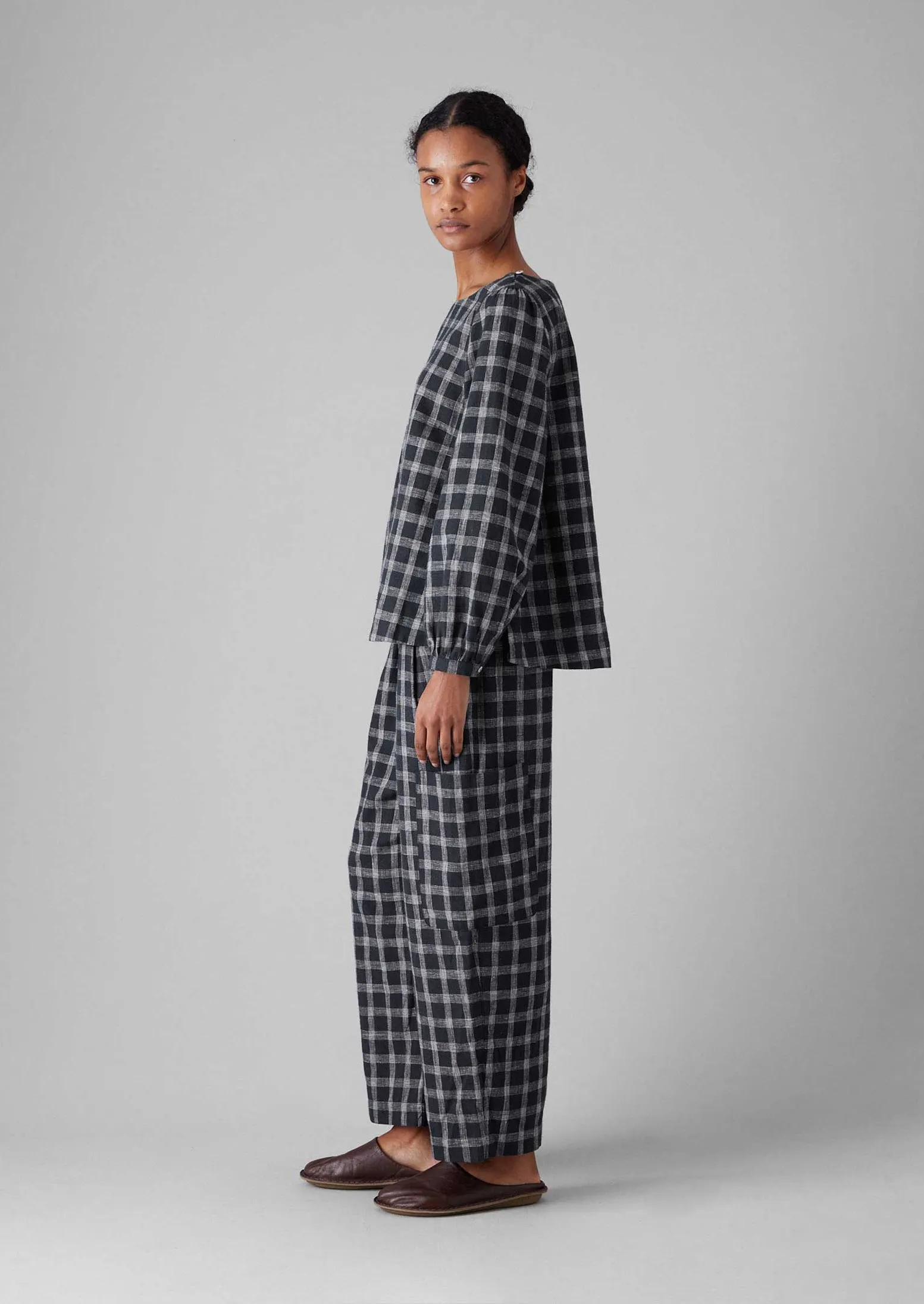 Seam-Free Convertible legs Check Cotton Linen Patch Pocket Pants | Slate