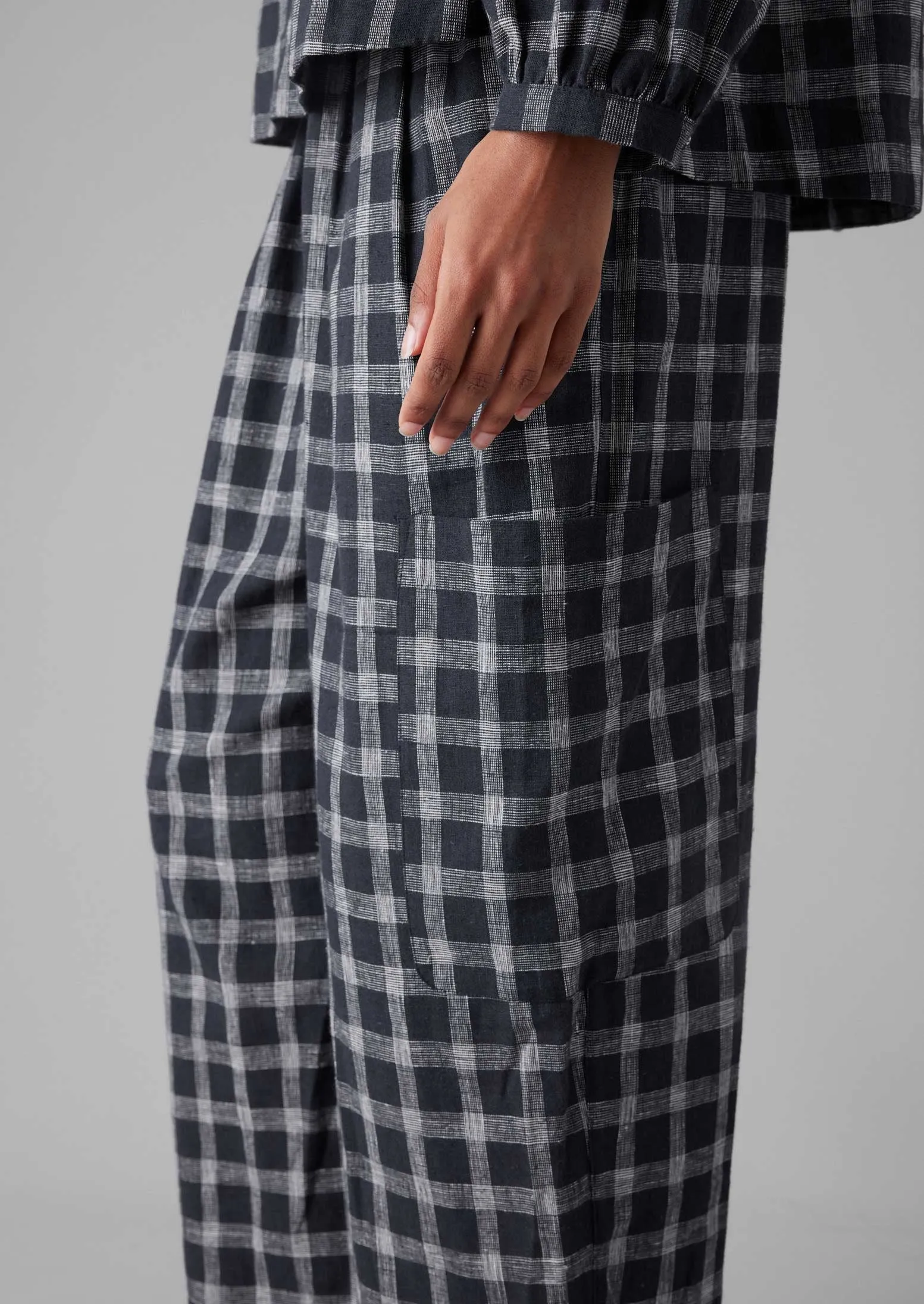Check Cotton Linen Patch Pocket Pants | Slate Casual Wearable Trail Comfort