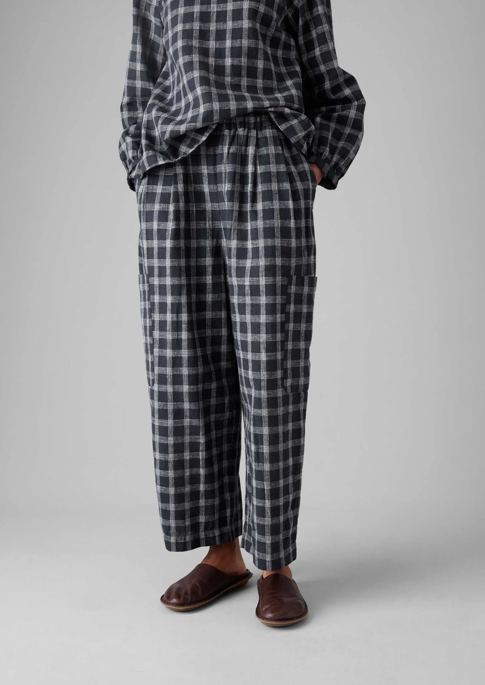 Abrasion Resistant Surface Check Cotton Linen Patch Pocket Pants | Slate
