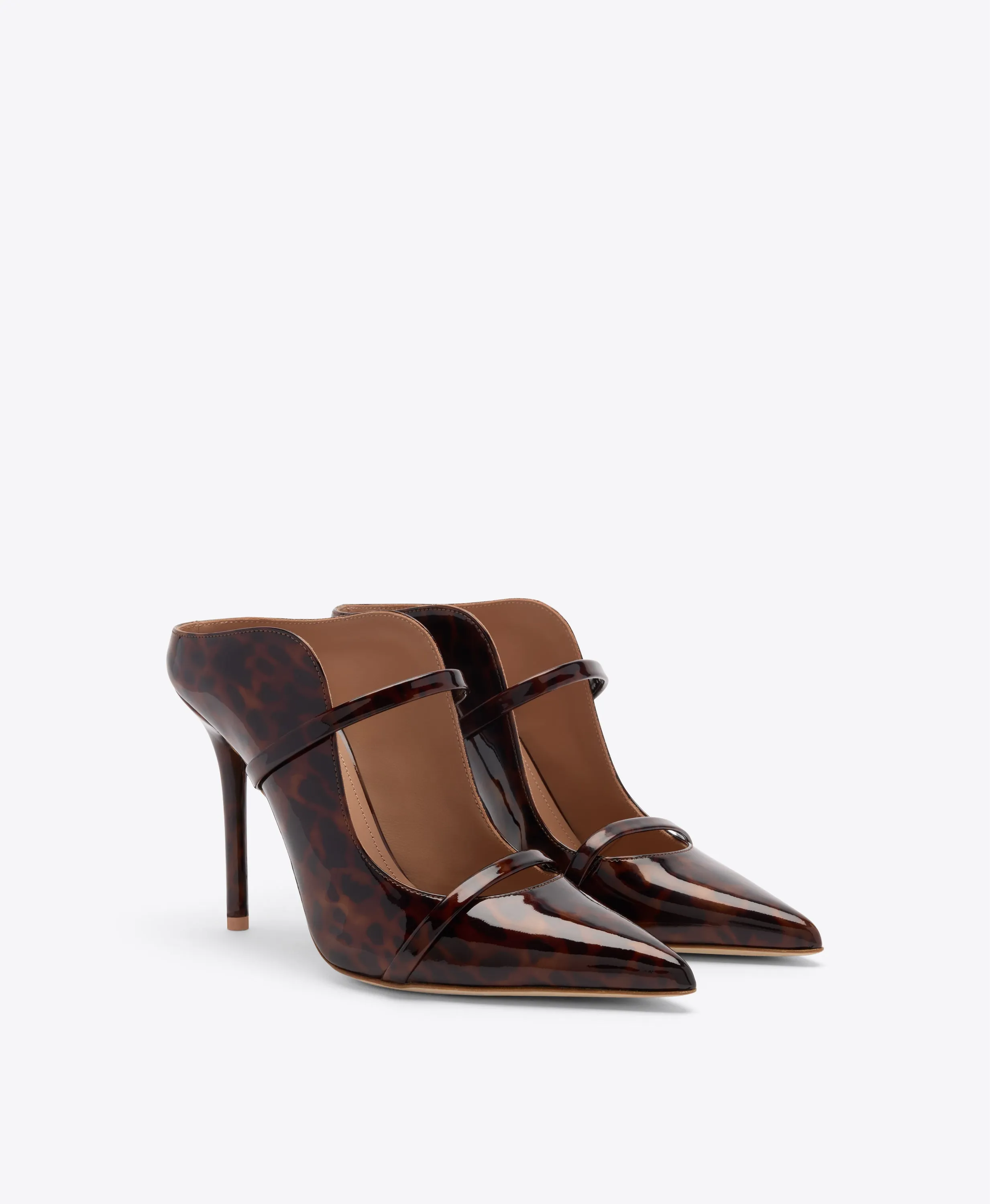 Maureen 100 Leopard Patent Heeled Mules Buckle Detail