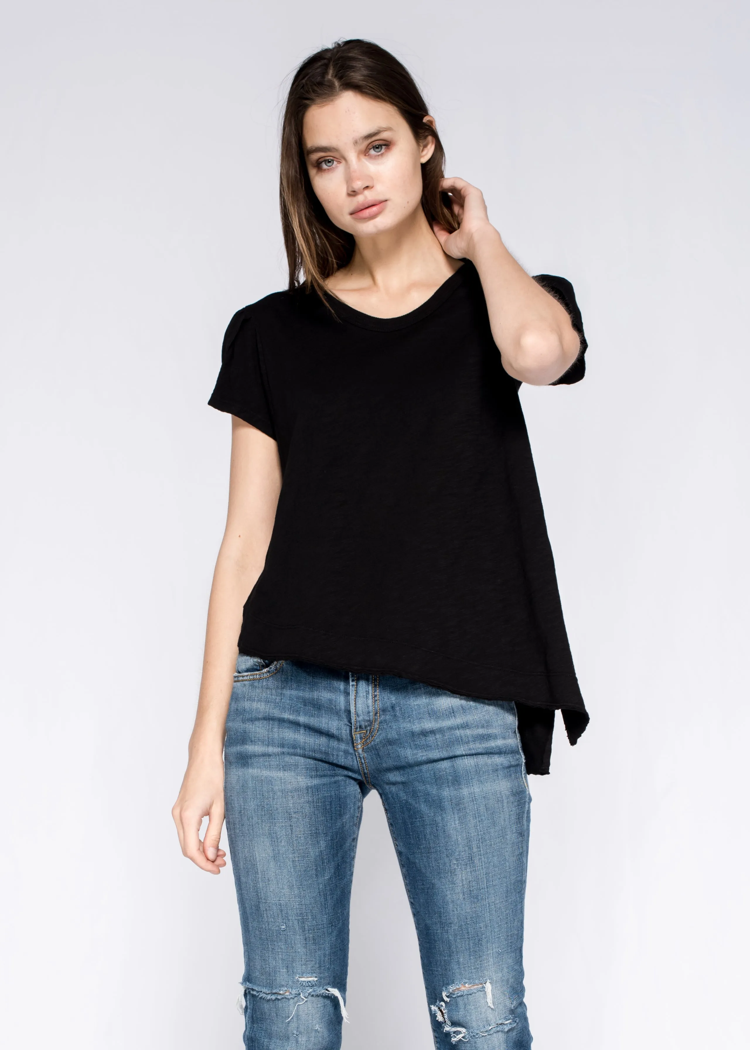 Subtle Embroidery Softly Shaped Asymmetric Hem with Petal Sleeve Top