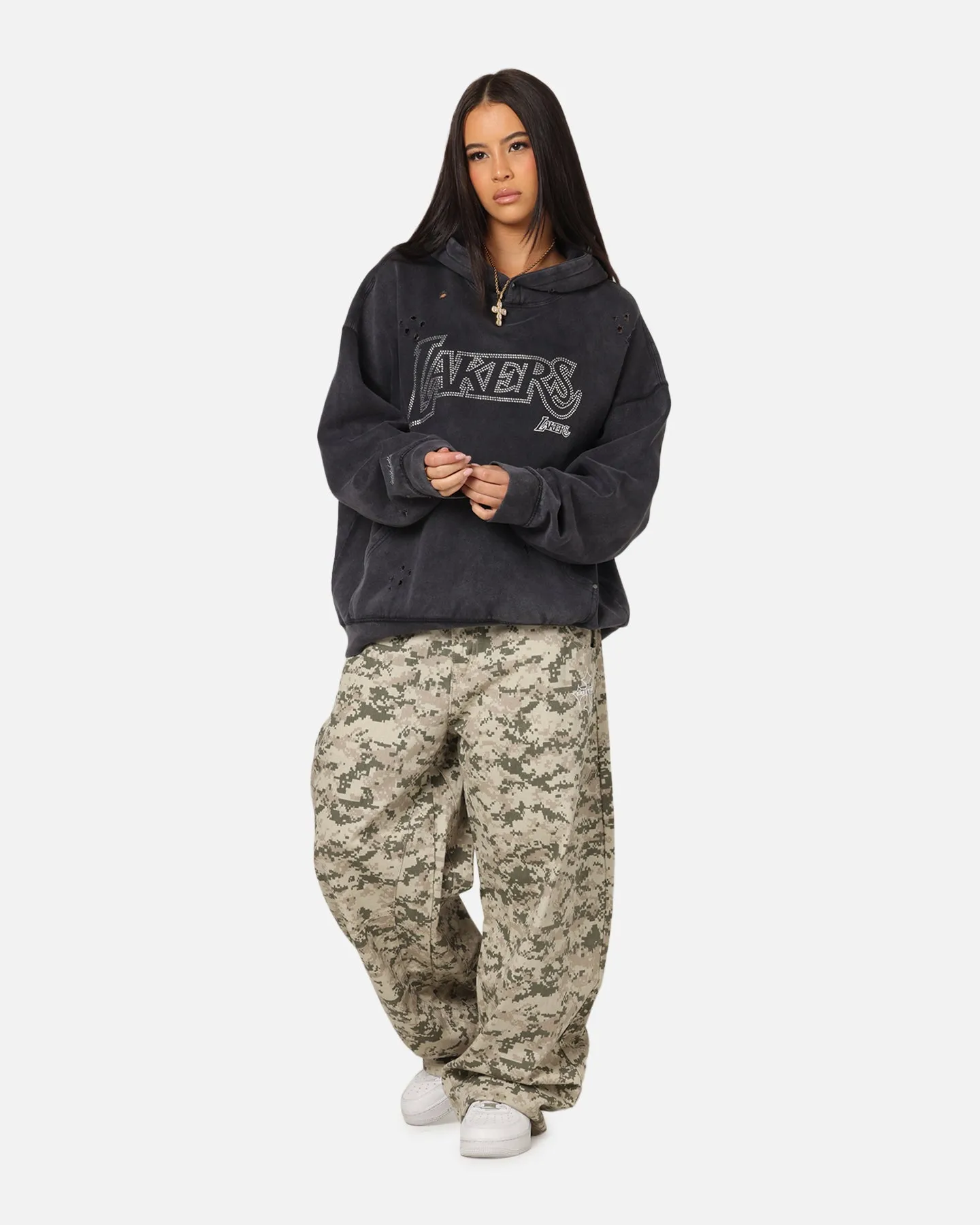 Mitchell & Ness Los Angeles Lakers Distressed Rhinestone Logo Hoodie Faded Black Breathable mesh lining