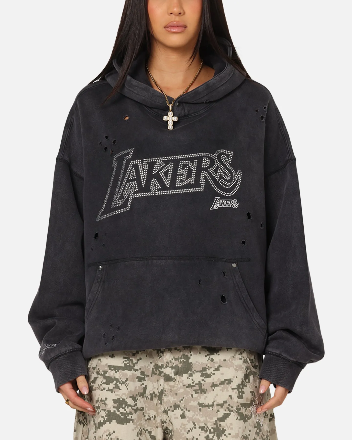Holiday Wear Mitchell & Ness Los Angeles Lakers Distressed Rhinestone Logo Hoodie Faded Black