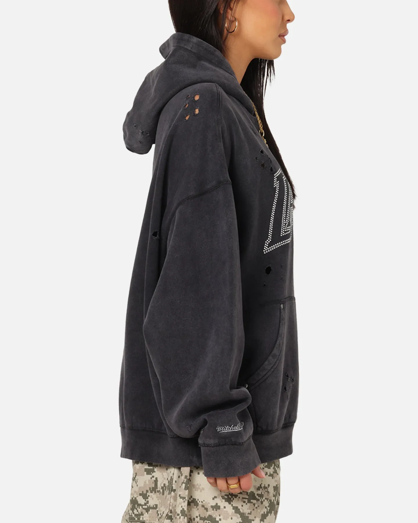 Street Fashion Mitchell & Ness Los Angeles Lakers Distressed Rhinestone Logo Hoodie Faded Black