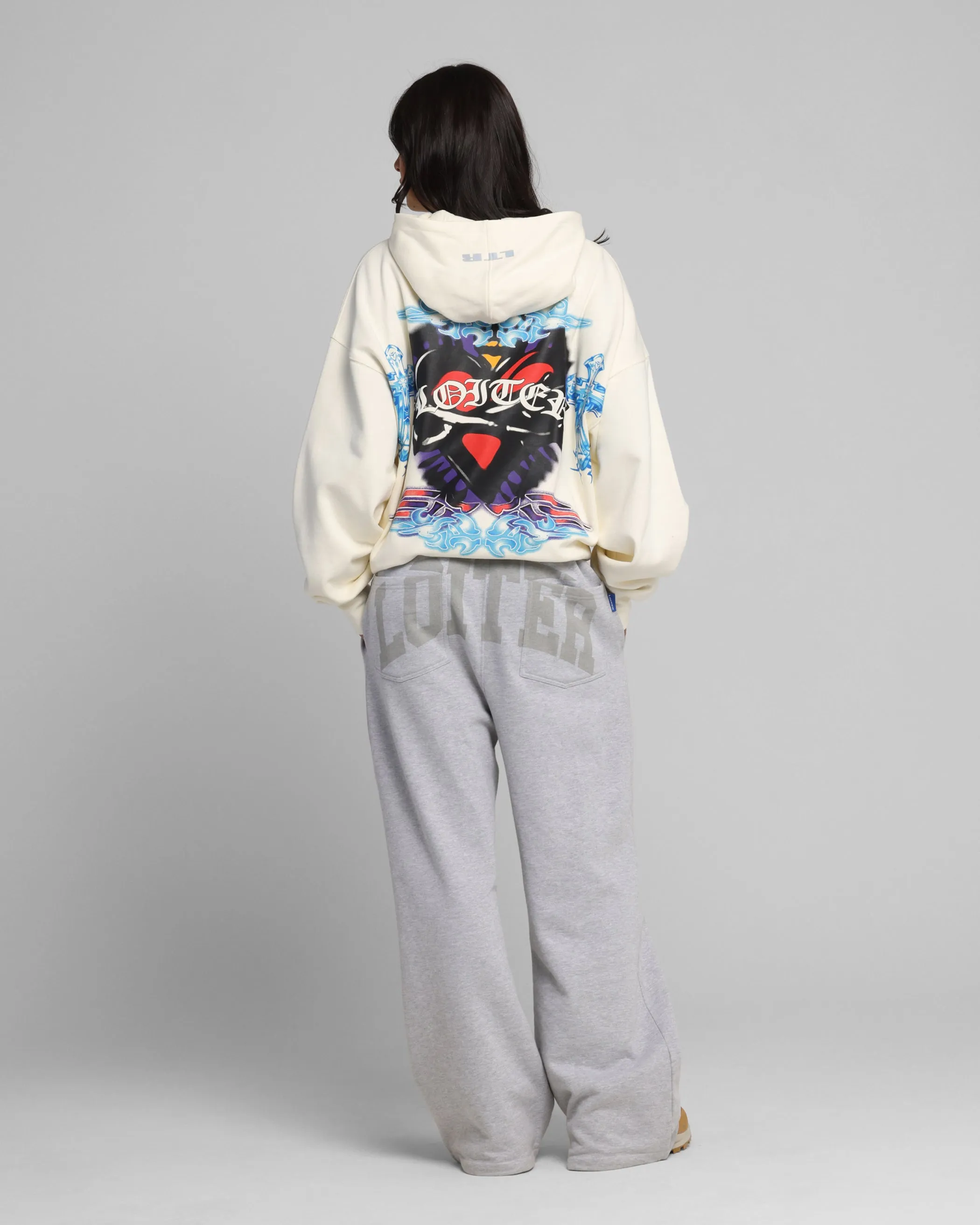 Reinforced Edges Breathable Cotton Loiter Hearts Zip Hoodie Off White