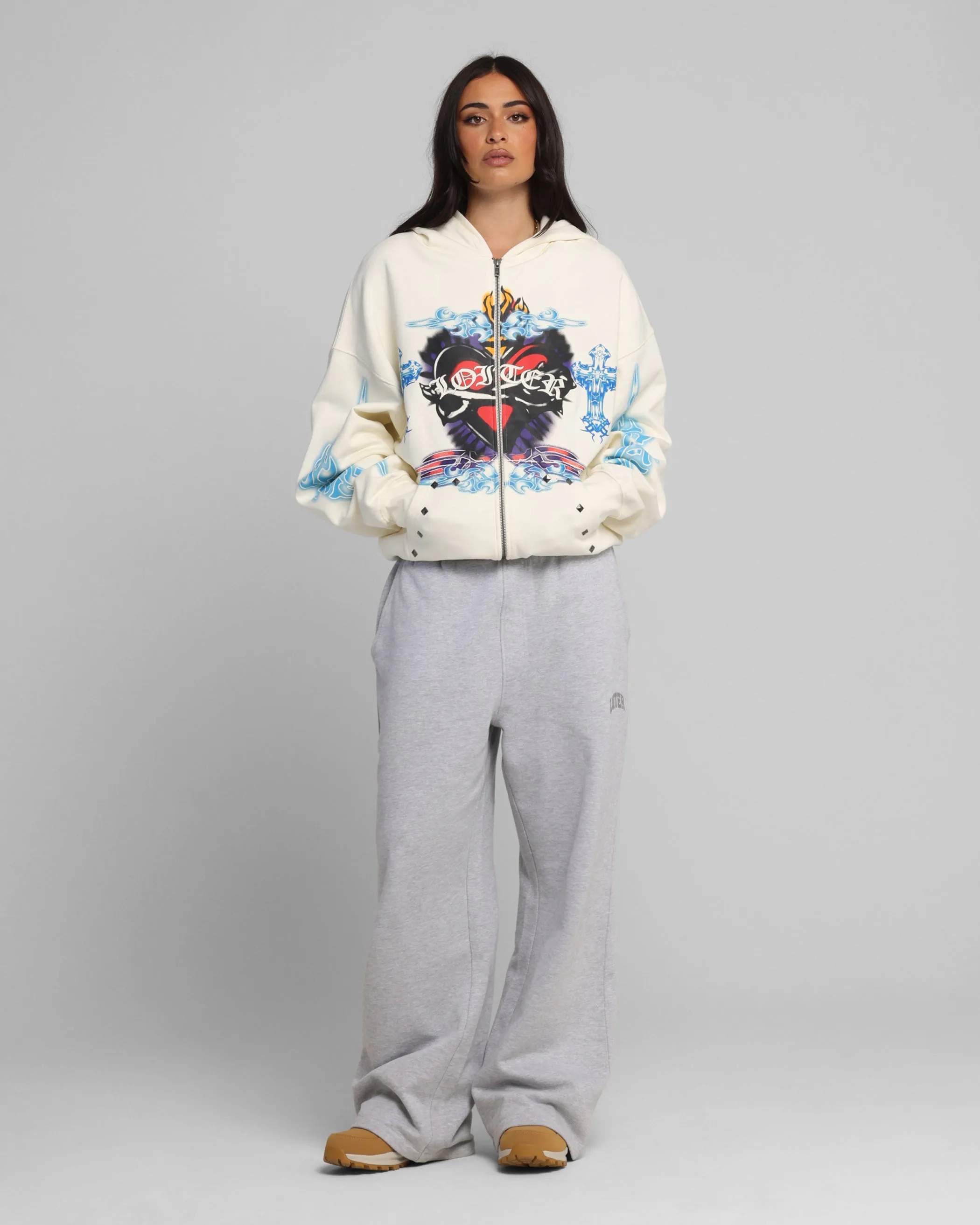 Loiter Hearts Zip Hoodie Off White Thermal Regulating Fabric