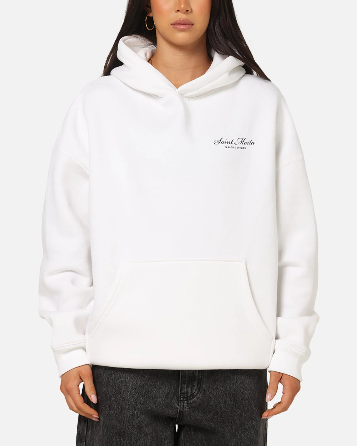 Saint Morta Studios Logo Boxy Hoodie White Odor Resistant Coating No Sag Shoulder Support
