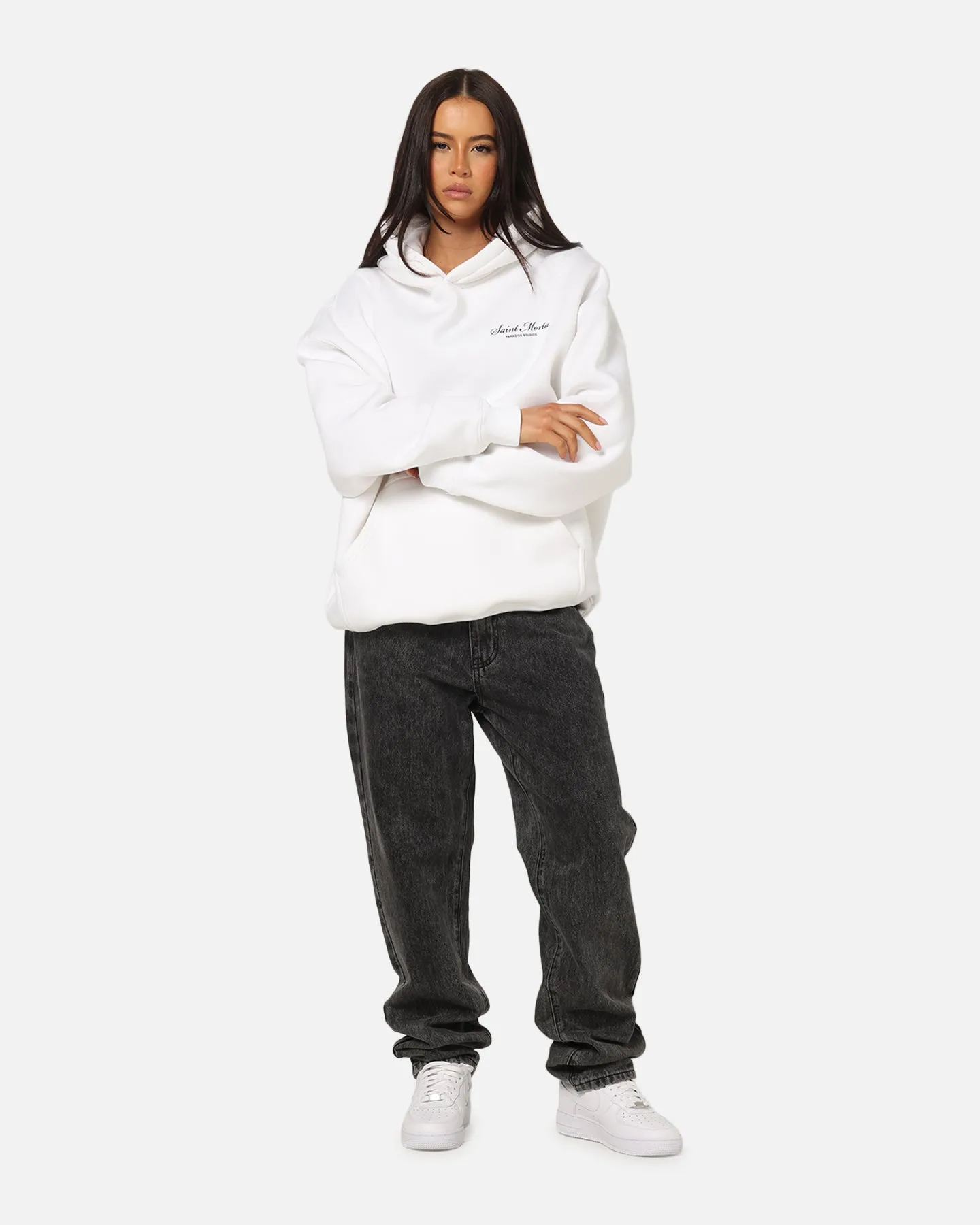 Striped Design City Streets Saint Morta Studios Logo Boxy Hoodie White