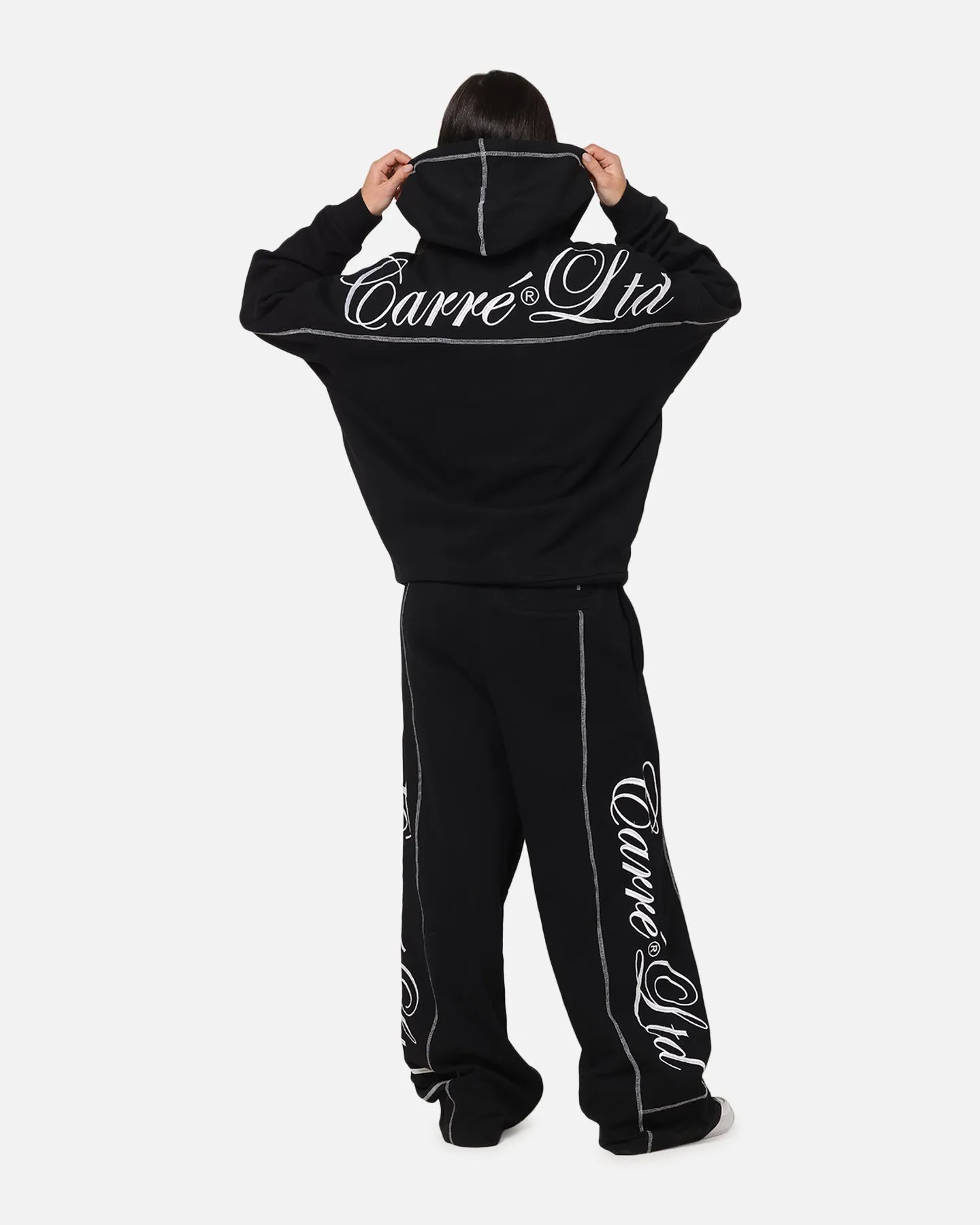 Carre Script Hoodie Black Brushed Interior Texture Layered Hood Design