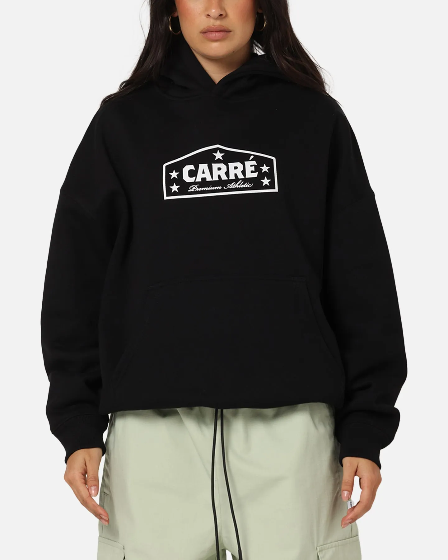 Layered Hem Design Carre Block Star Hoodie Black